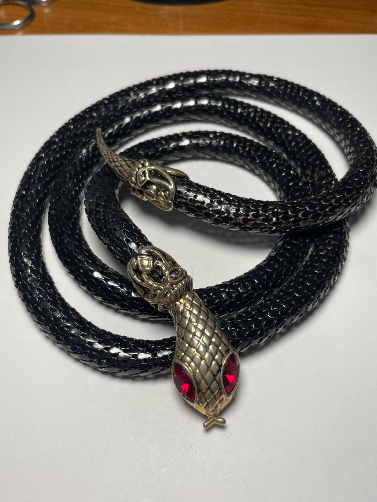 Vintage 1920's black metal mesh snake belt with red rhinestone eyes