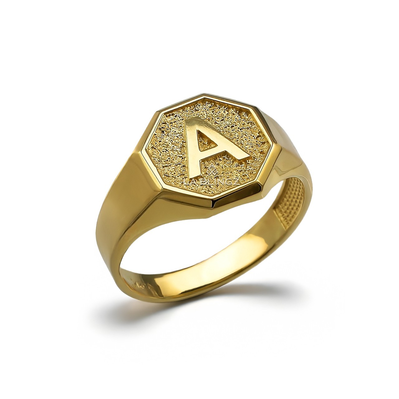 Men\'s 10K Yellow Gold Letter Initial Octagon Signet Ring Personalized A–Z