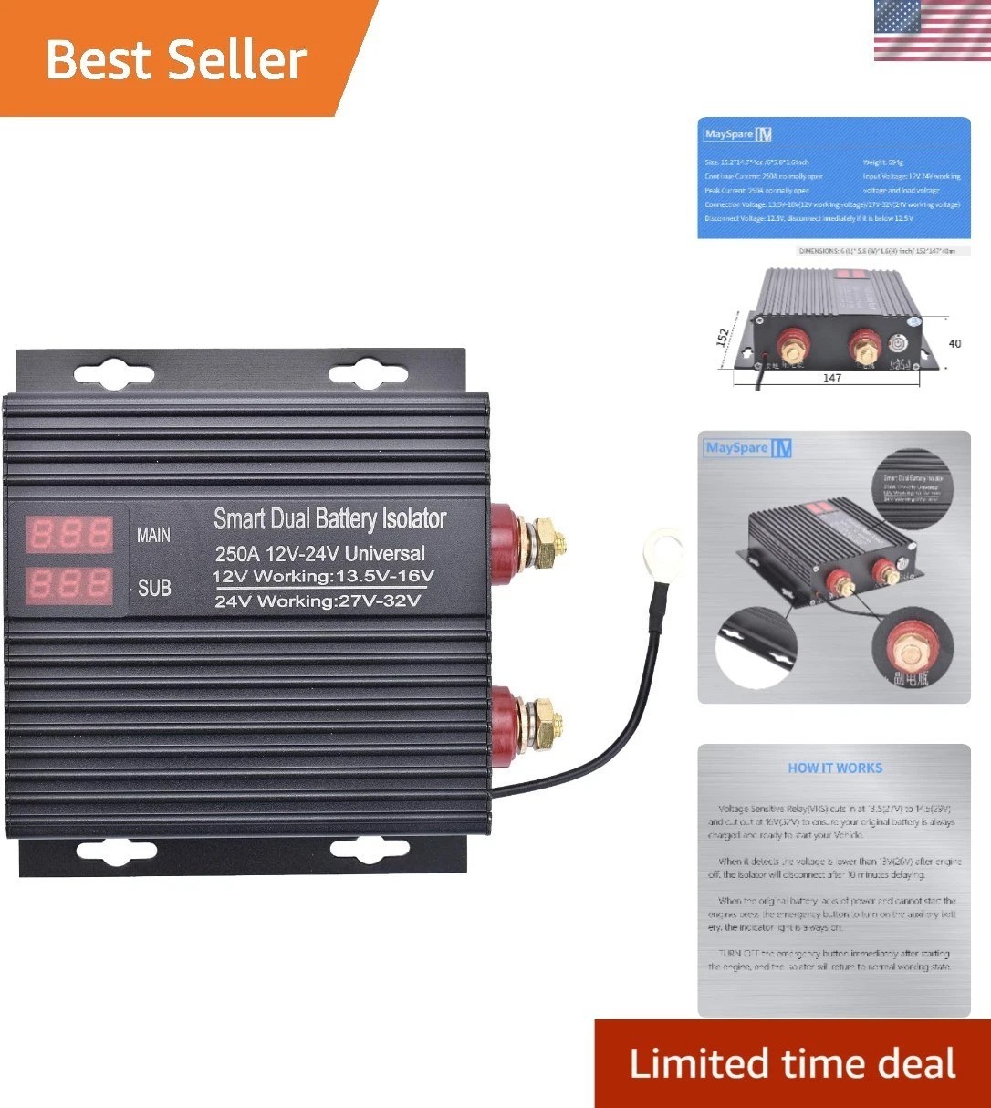 250A Dual Battery Isolator Smart Relay 12V/24V Universal for Car Truck ATV Boat