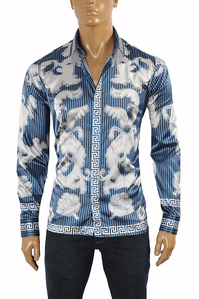 Versace Men’s Baroque Greek Key Print Shirt – Blue, Black & Silver, Size Medium