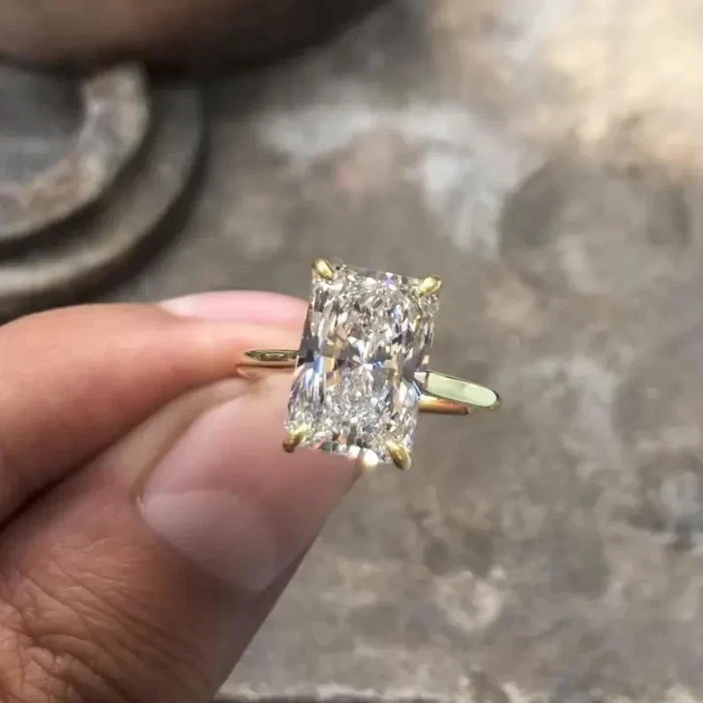 3Ct Radiant-Cut Moissanite Hidden Halo Engagement Ring Solid 10k Yellow Gold
