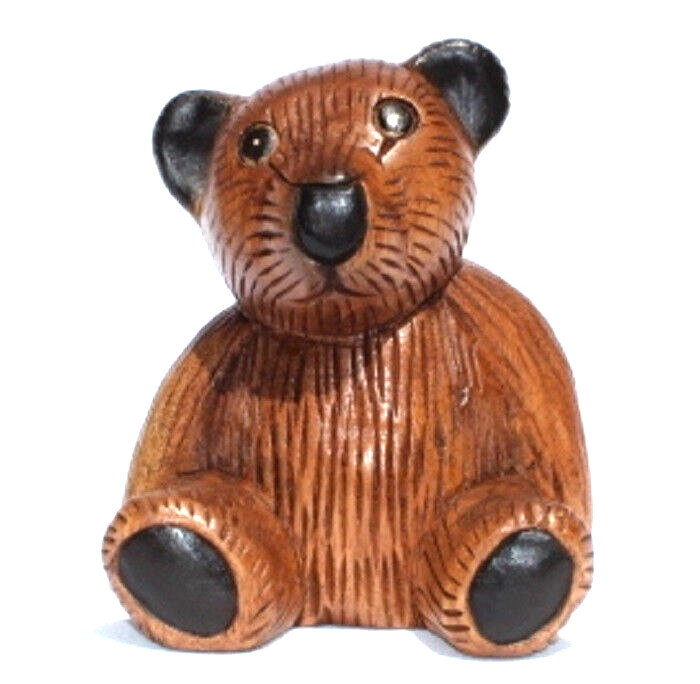 Wooden Teddy Bear 16cm tall handcarved from Acacia wood in Thailand Fair Trade