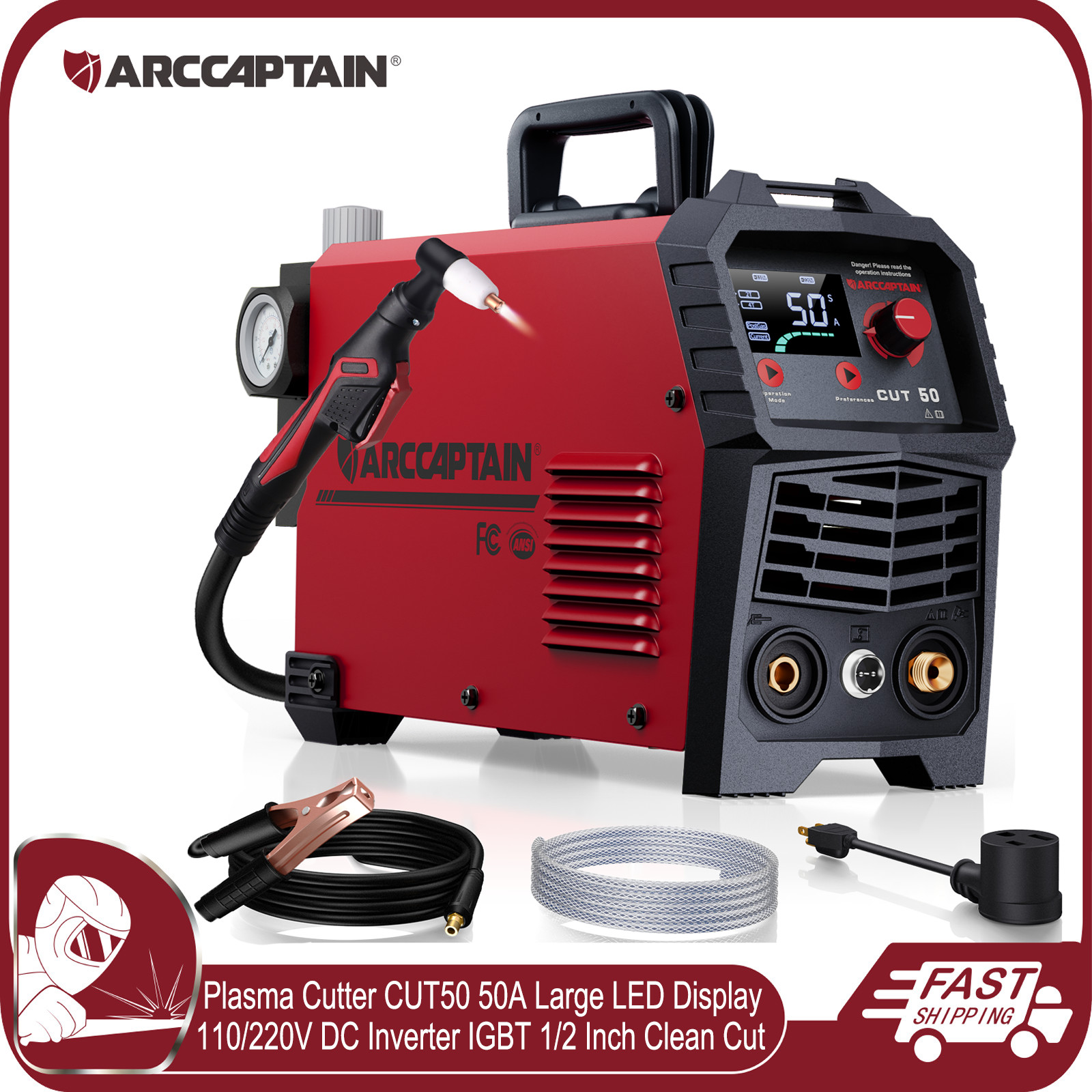 ARCCAPTAIN Plasma Cutter 50Amps CUT50 LED Display 110/220V Dual Voltage DC IGBT