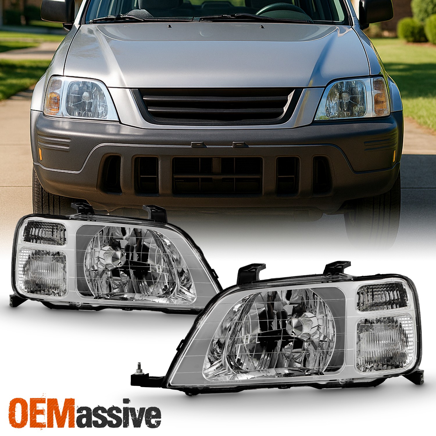 For 1997-2001 Honda CRV Chrome Headlights Headlamp Pair Driver LH+Passenger RH