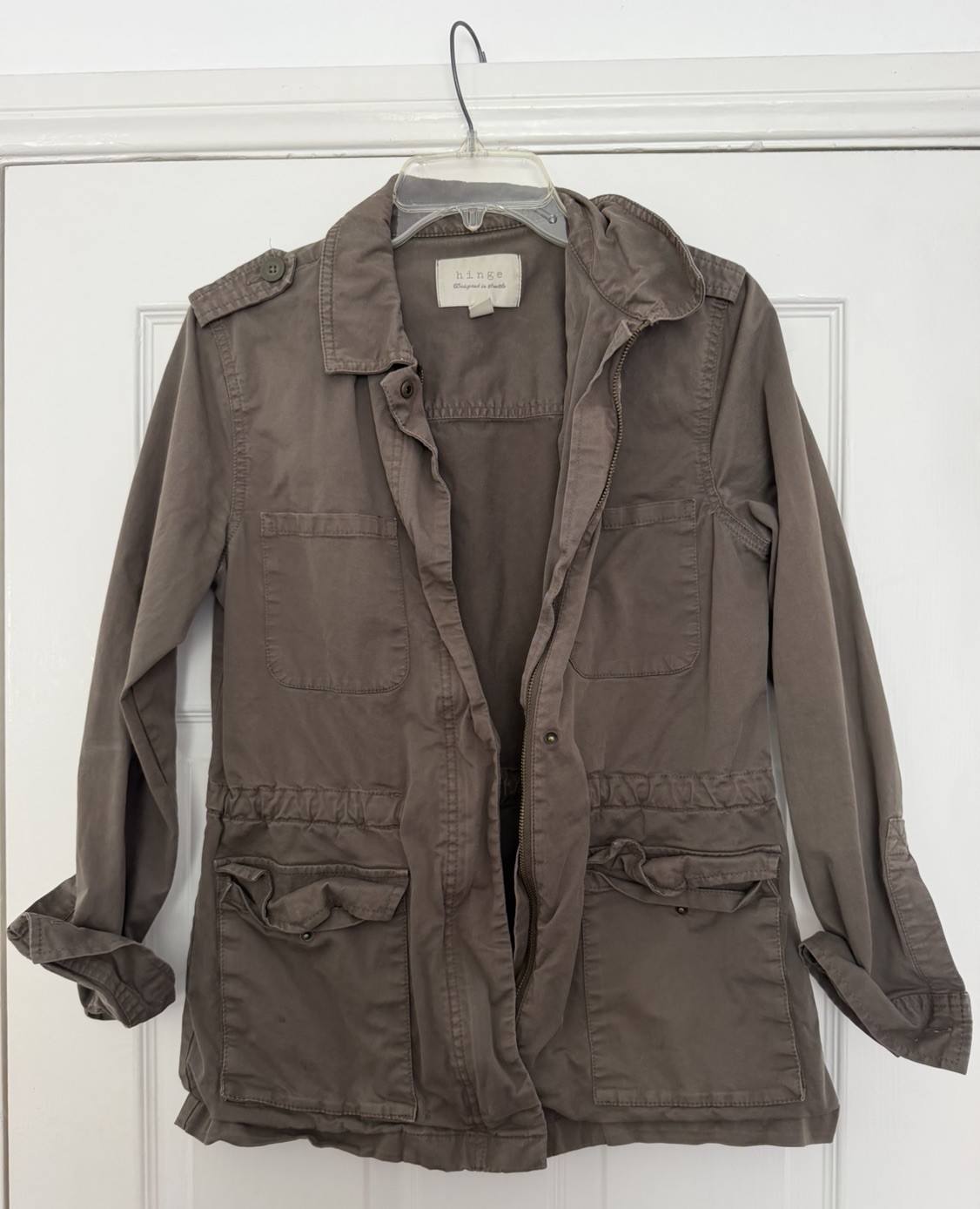 Hinge Seattle Women\'s Cargo Jacket Size S Green Zip Up Pockets Made in Seattle