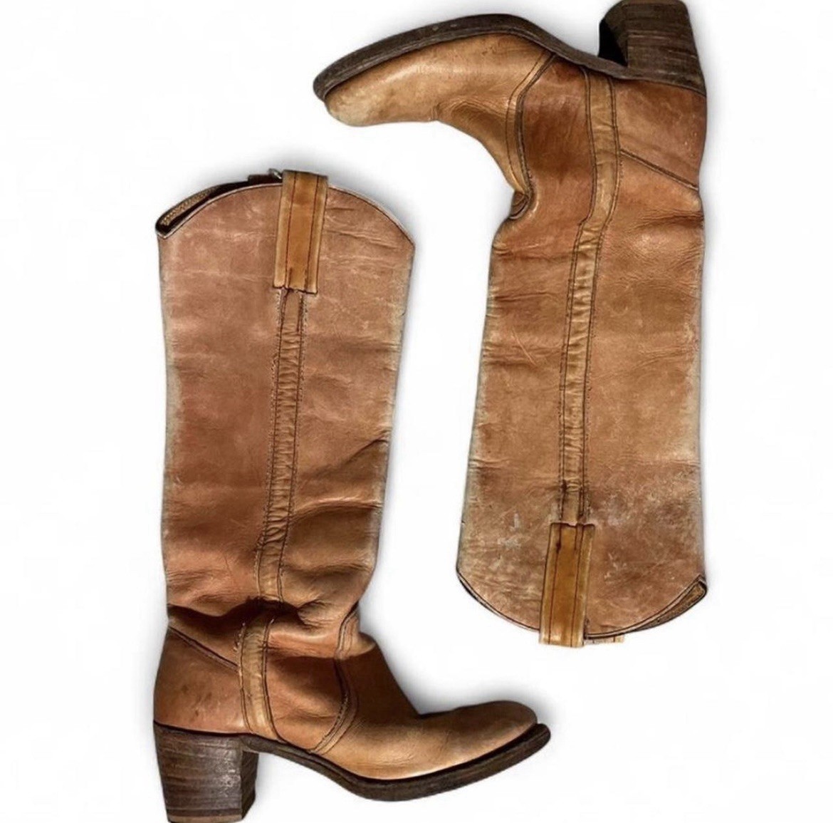 Frye Women’s Brown Leather Knee-High Riding Boots Round Toe Pull-On Tab