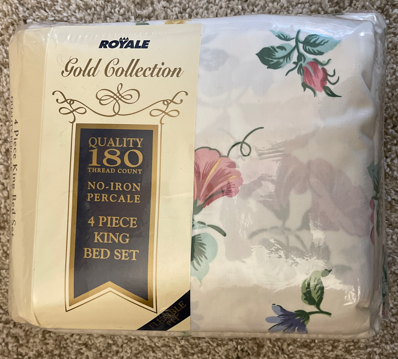 VTG Royale King Bed Sheet Set Floral Rose  Ivory 4pc Percale New Gold Collection