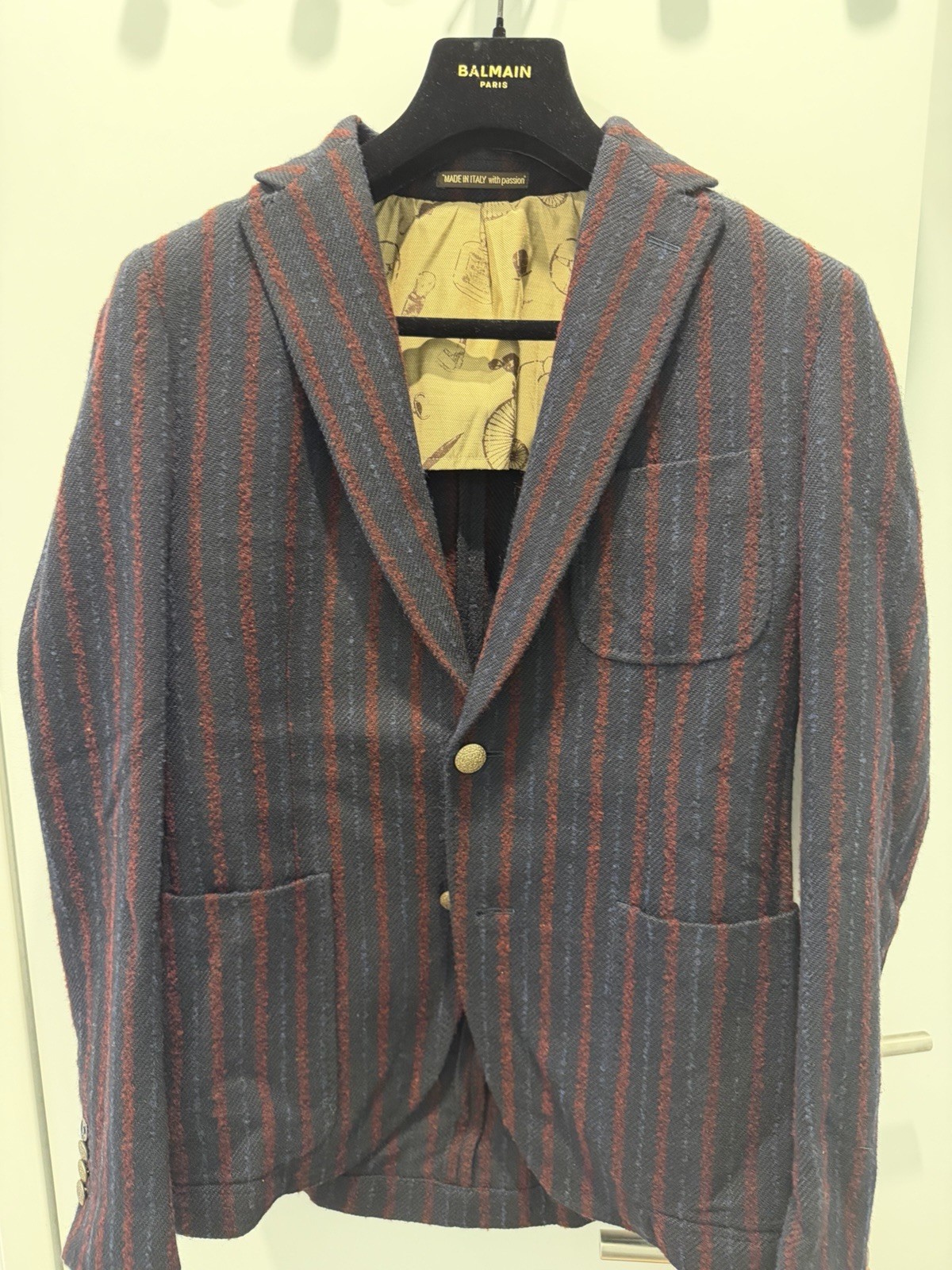 Royal Hem Striped Tweed Wool Blend Blazer Jacket 46 Regular Blue Red Pockets Royal Hem Striped Tweed Wool Blend Blazer Jacket 46 Regular Blue Red Pockets