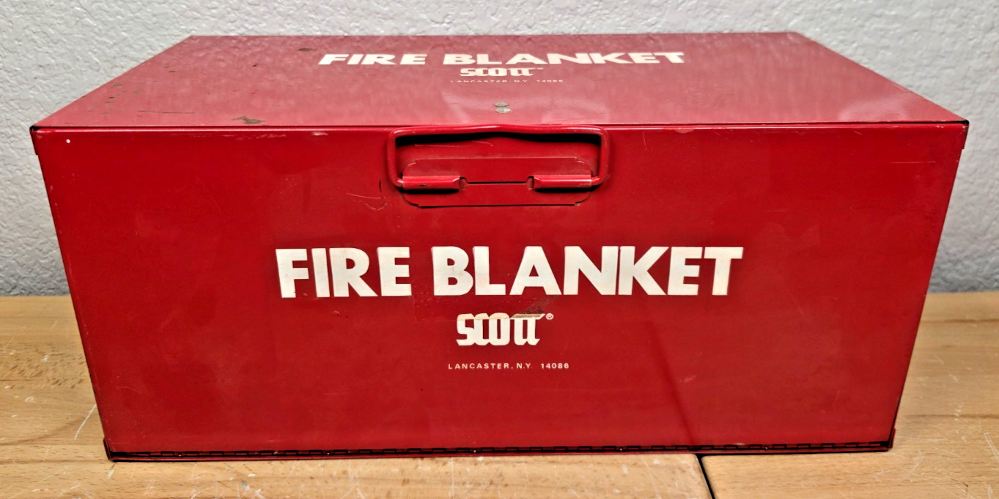 HUGE Industrial Vintage Scott Wool Emergency Fire Blanket Red Steel Wall Cabinet
