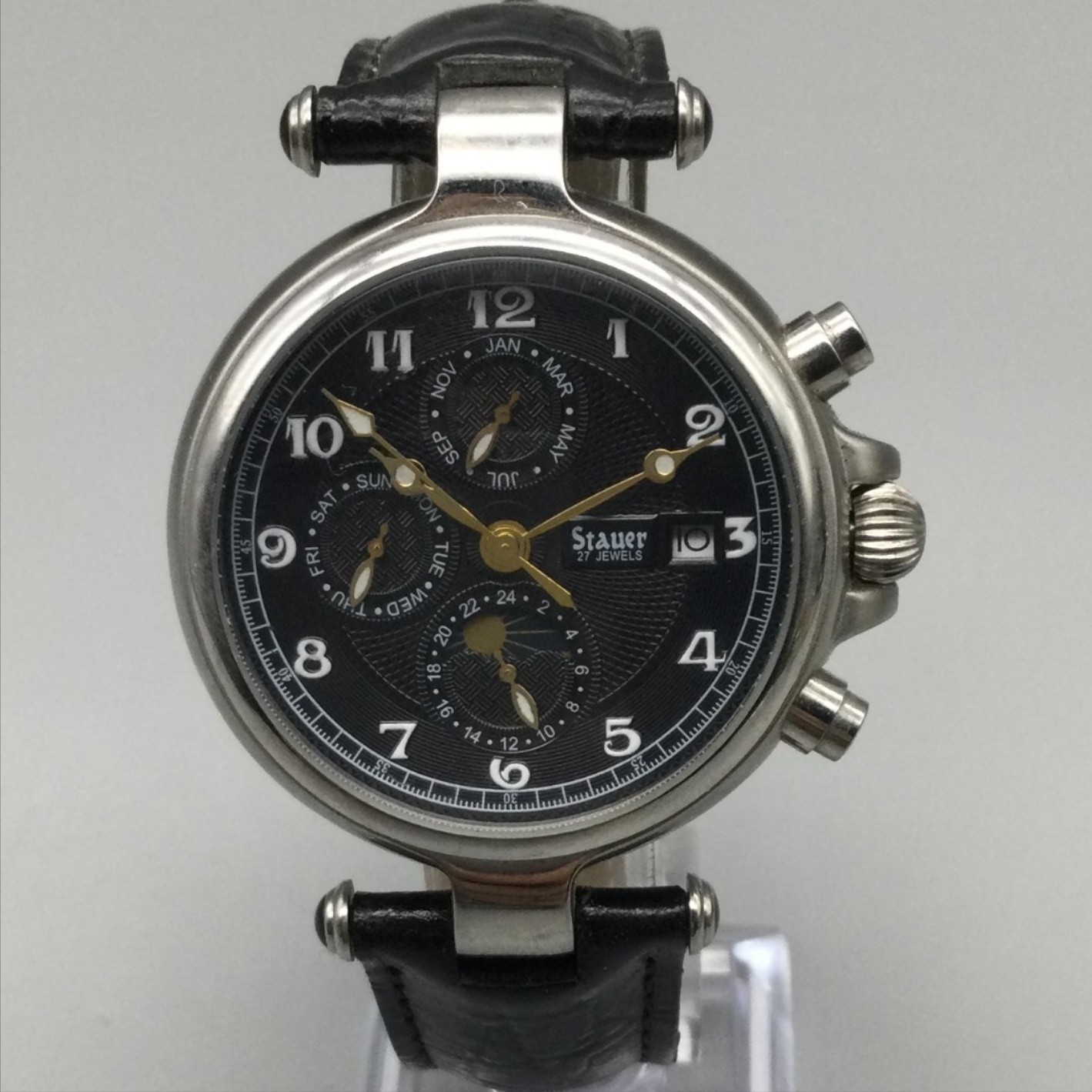 Stauer 27 Jewels Mens Watch 37mm Noire Moon Phase Day Date Month Automatic