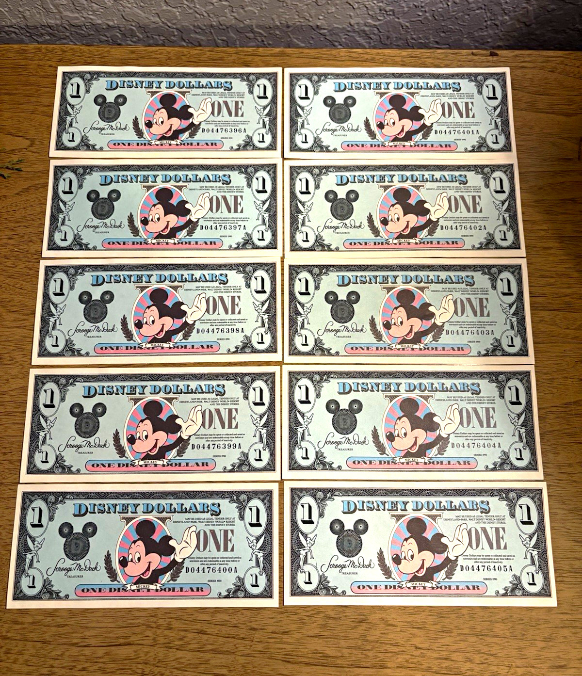 1990 $1 Disney Dollars Mickey Mouse Lot of 10 Consecutive Serial Notes w/ Flaw