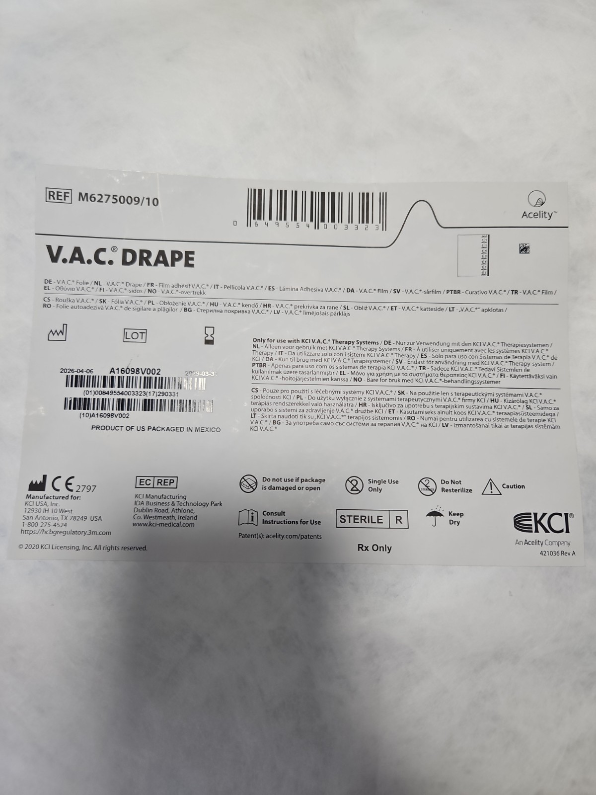KCI V.A.C. Drape Sterile Wound Care Drape Dressing MPN M6275009/10 (10 pack) KCI V.A.C. Drape Sterile Wound Care Drape Dressing MPN M6275009/10 (10 pack)
