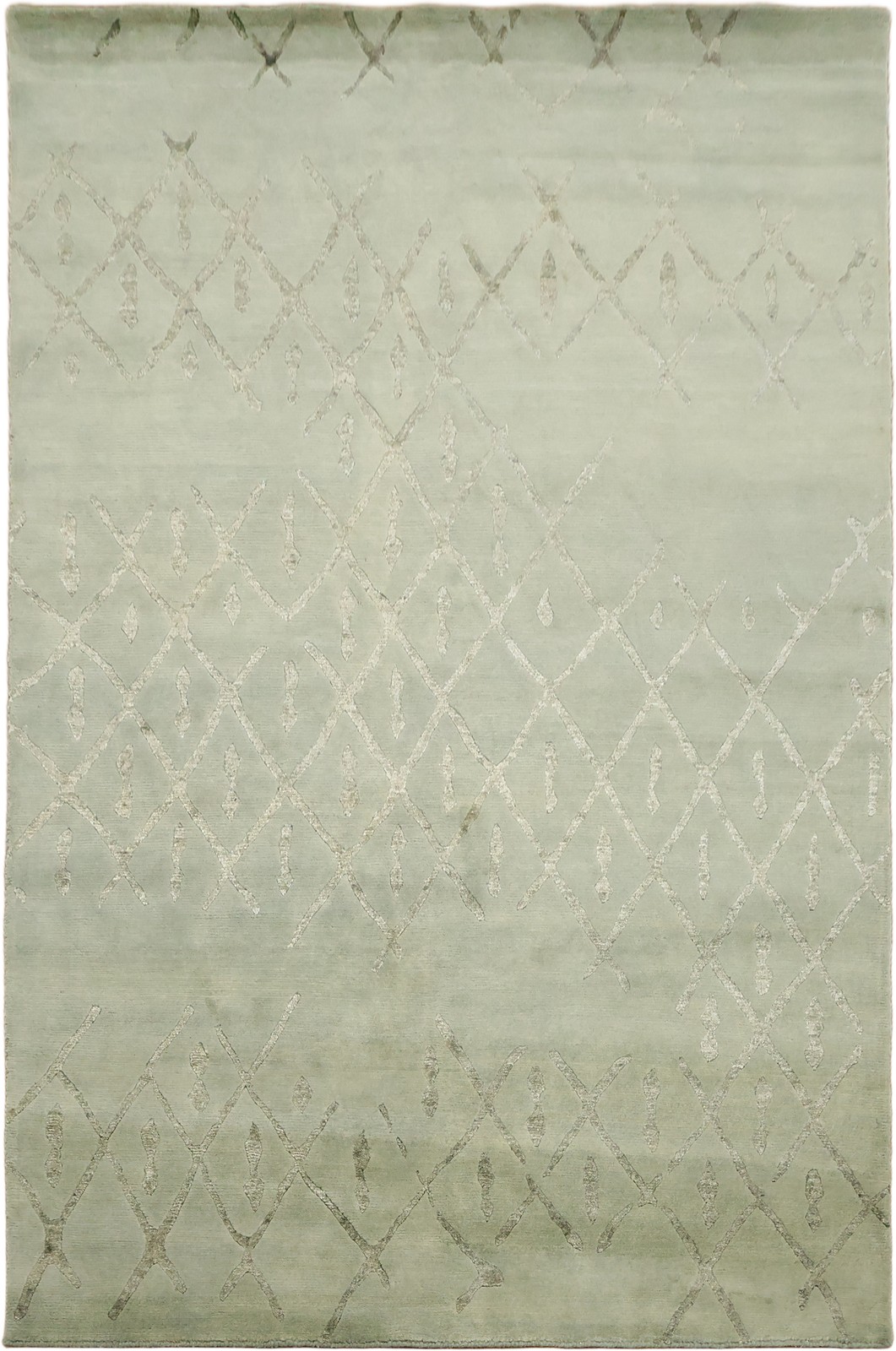 Pastel Green Nepalese Hand-Knotted Wool & Silk Area Rug with Diamond Design 5x8
