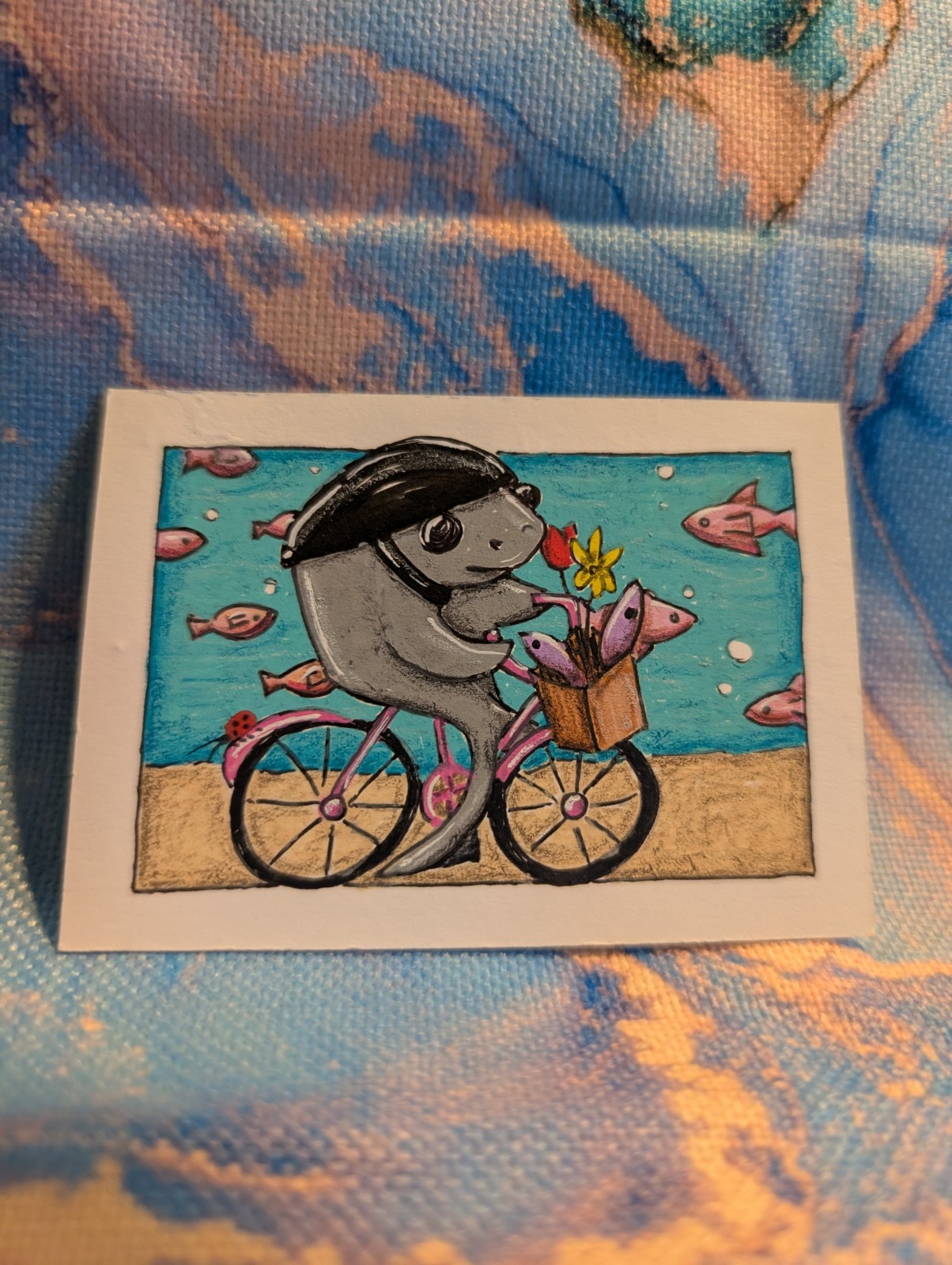 Cycling Shark ACEO ATC Original Art Card Hand Painted 