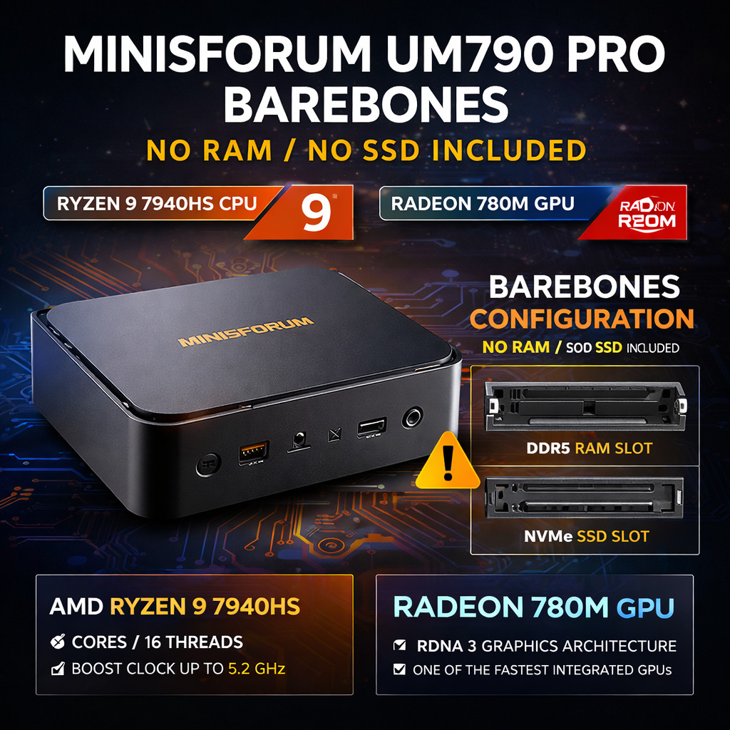 Minisforum UM790 Pro Mini PC Ryzen 9 7940HS Radeon 780M Barebones NO RAM NO SSD Minisforum UM790 Pro Mini PC Ryzen 9 7940HS Radeon 780M Barebones NO RAM NO SSD