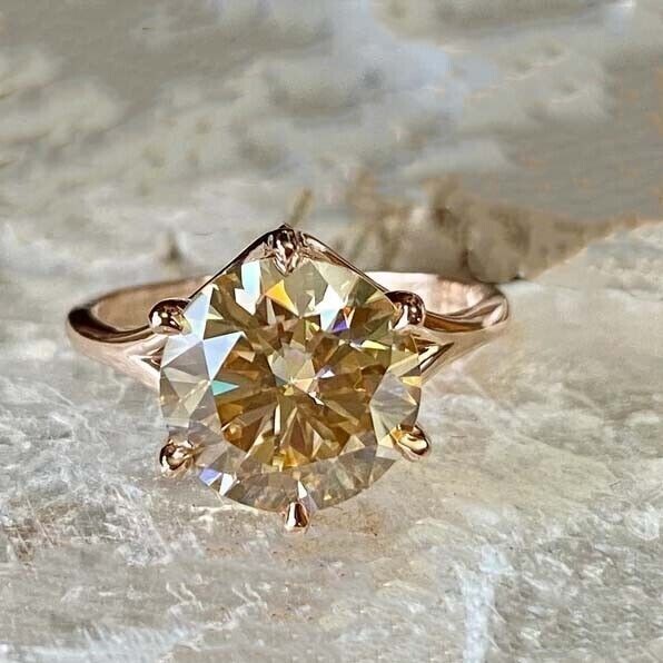 RARE 11.00 Ct Certified Treated Champagne Diamond Ring 925 Silver Prong Setting