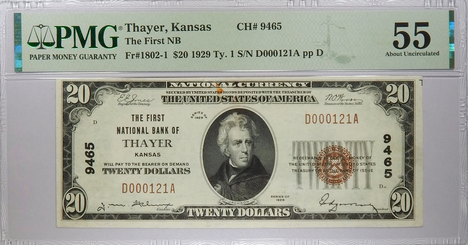 1929 Thayer, Kansas The First National Bank $20 National Banknote PMG 55