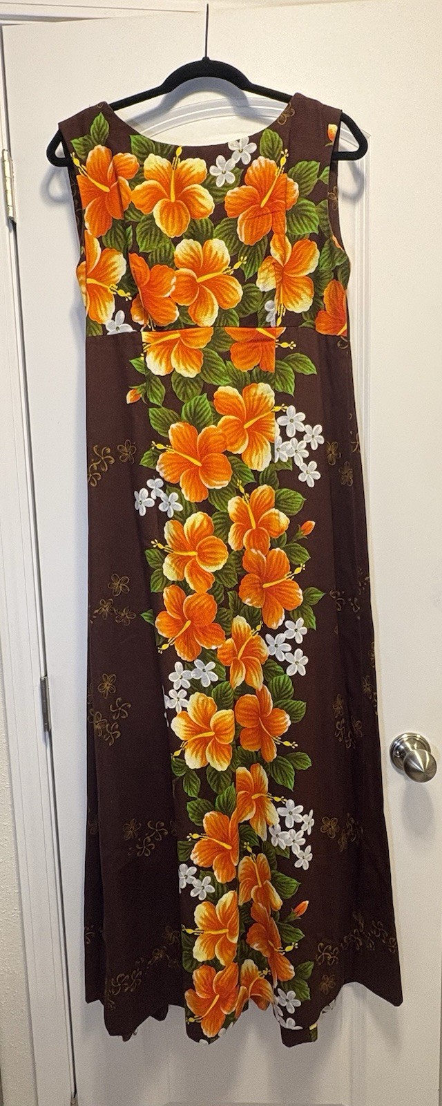 Vintage 60s 70s Ui-Maikai Hawaiian Hibiscus Floral A-Line Maxi Dress M/L Orange