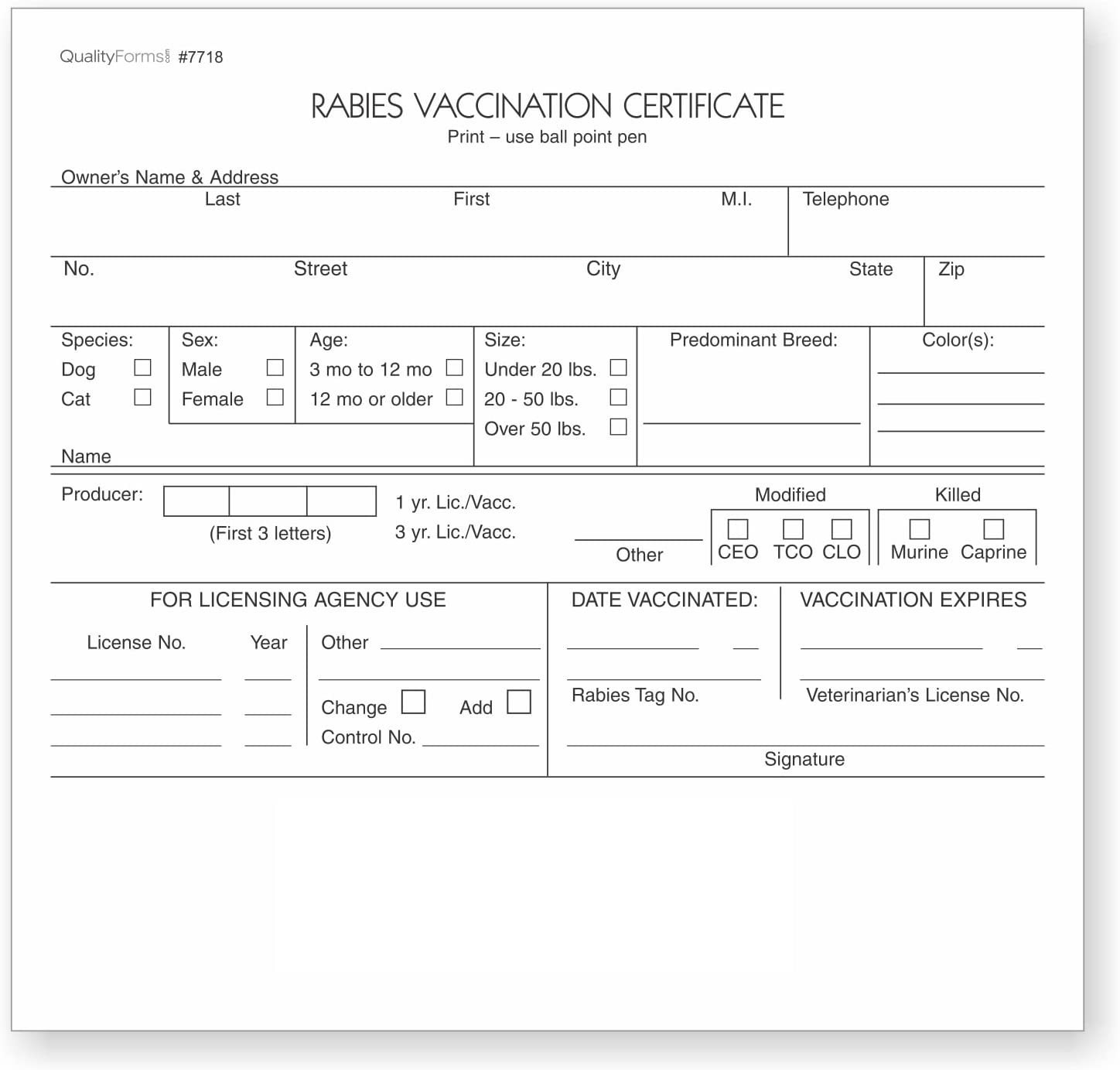 3-Part Rabies Vaccination Certificates for Cats & Dogs - 100 Sets/Pack