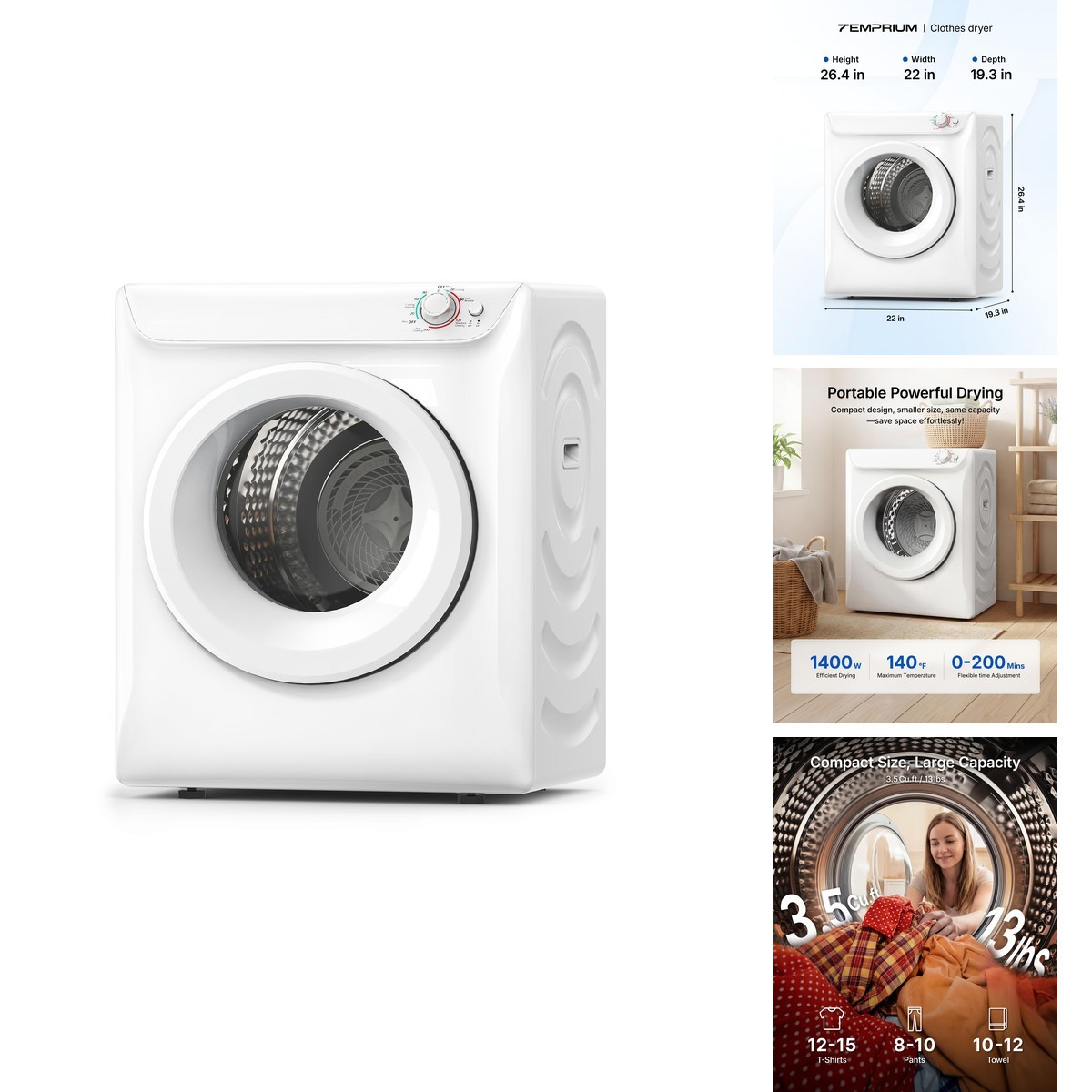 Temprium 3.5 Cu. Ft. Portable Clothes Dryer for Laundry CD010-250WH-USZX