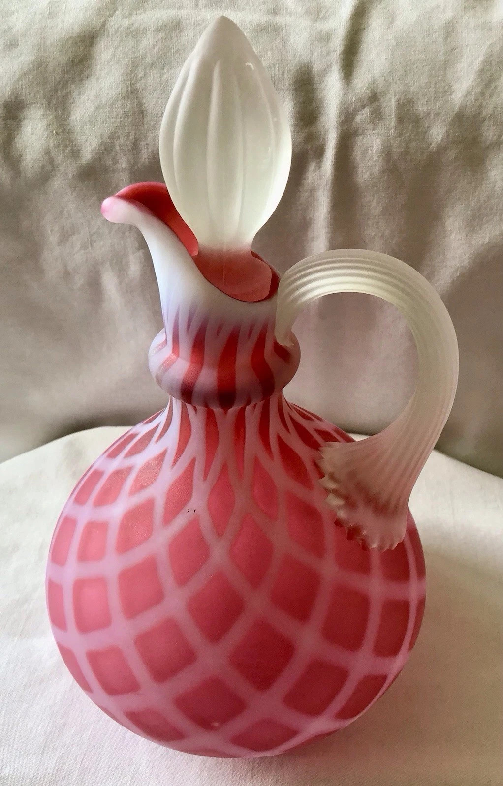 VTG FENTON ART GLASS SATIN CRANBERRY OPALESCENT DIAMOND OPTIC CRUET W/ STOPPER