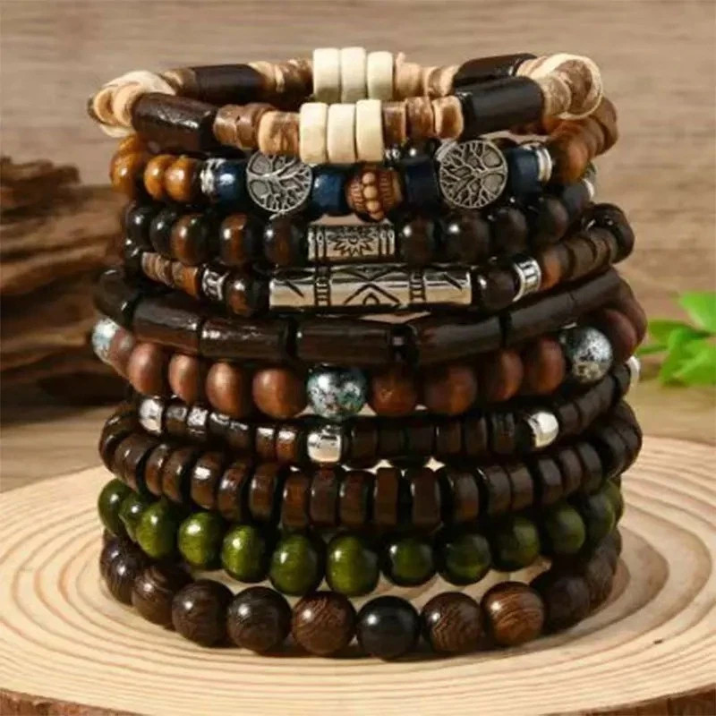 10pcs Bohemia Ethnic Beaded Bracelets For Men Vintage Multi Layer Wooden 10pcs Bohemia Ethnic Beaded Bracelets For Men Vintage Multi Layer Wooden