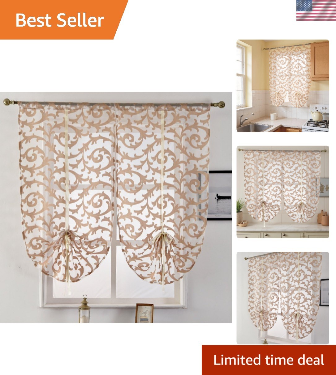 Vintage Floral Tie Up Curtain Valance - 2 Adjustable Panels for Kitchen Windows