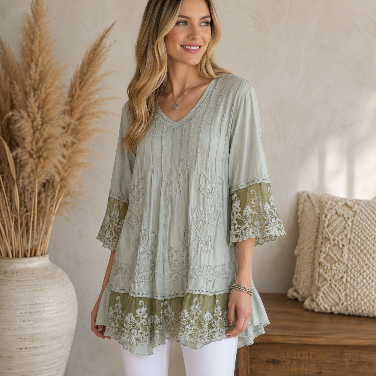 Gretty Zueger Lola Tunic Top Sage Green Embroidered Lace Ruffle Hem Cotton Small Gretty Zueger Lola Tunic Top Sage Green Embroidered Lace Ruffle Hem Cotton Small