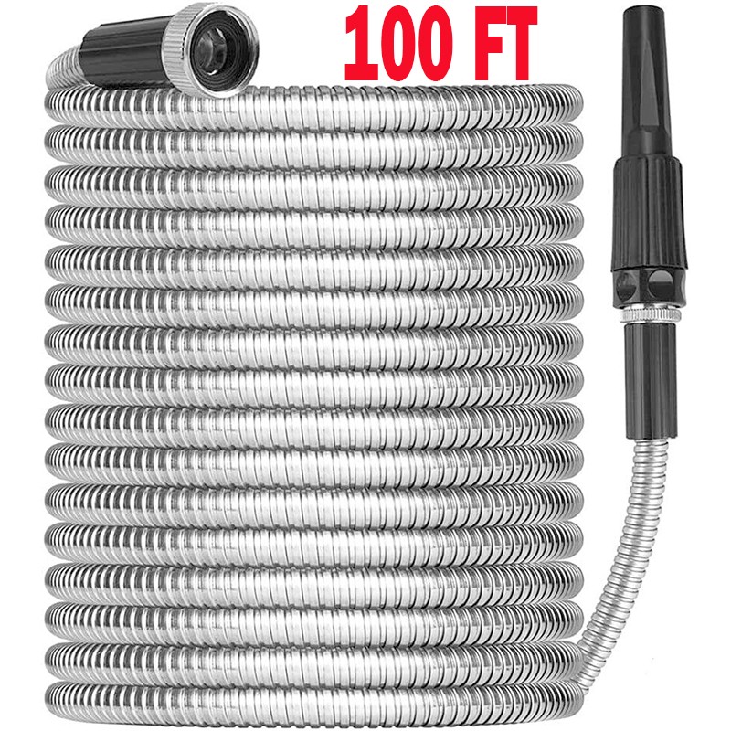 100FT Stainless Steel Metal Garden Water Hose Flexible Heavy Duty Pipe w/ Nozzle