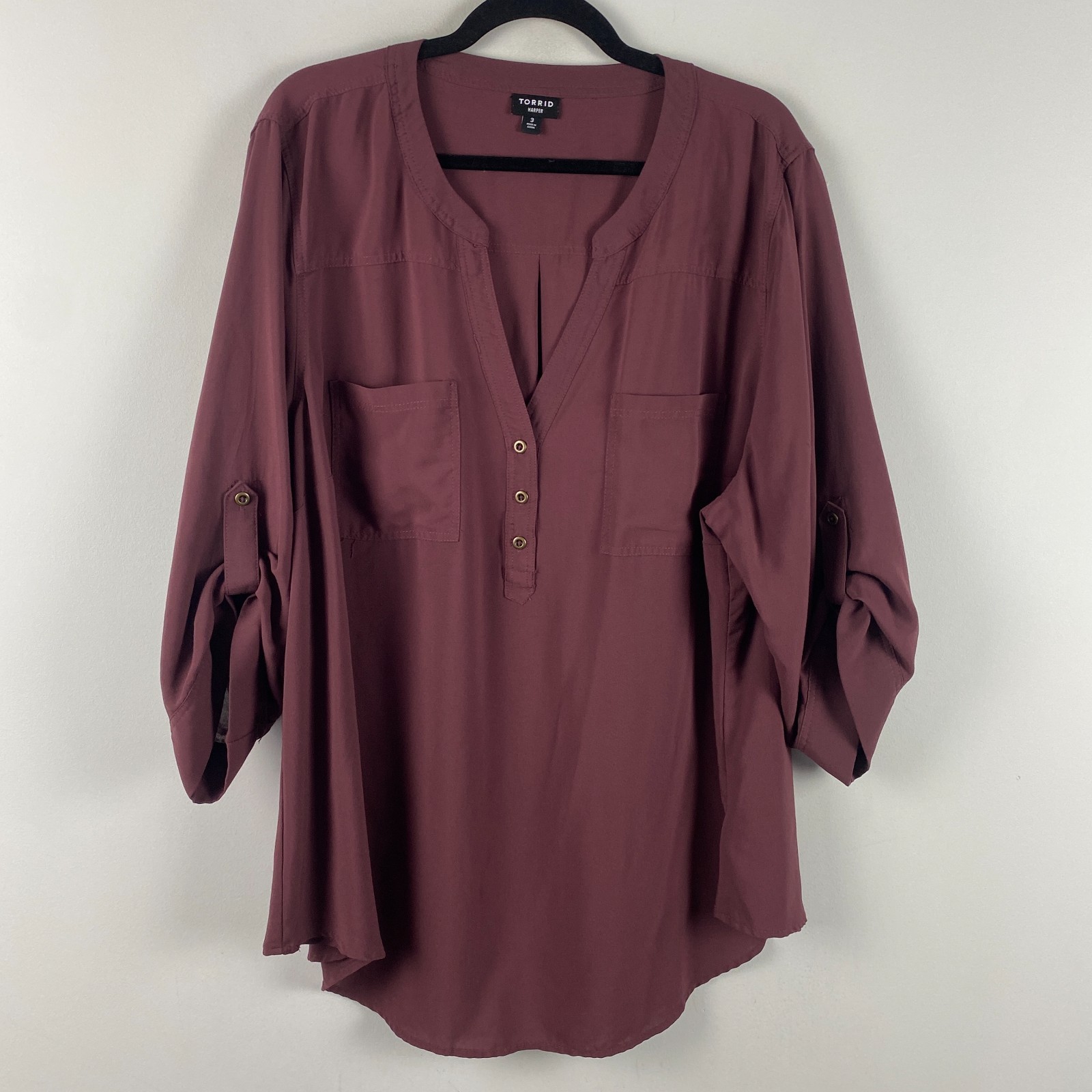 Torrid Harper Challis 3/4 Sleeve Top Size 3X Popover Maroon Blouse