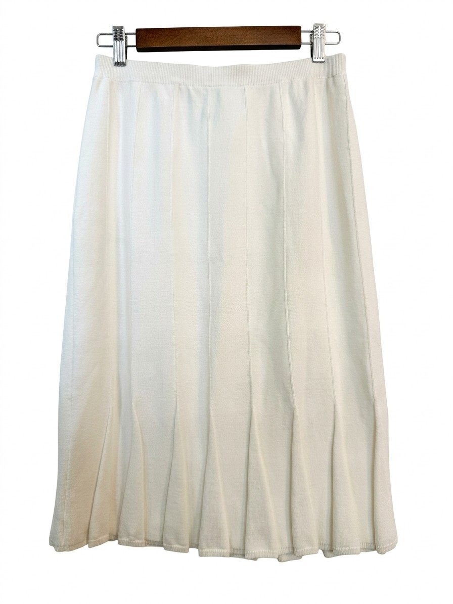 Vintage Kenar Cream Seamless Knit Godet Skirt sz Medium Ivory Pleated Flare Midi