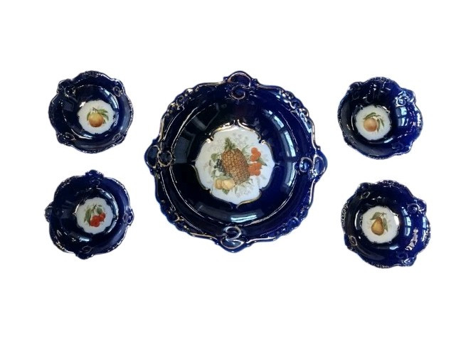 Vintage Porfin Cluj-Napoca Cobalt Blue Set Of 5 Gold Detail Decorative Bowls ,W Vintage Porfin Cluj-Napoca Cobalt Blue Set Of 5 Gold Detail Decorative Bowls ,W