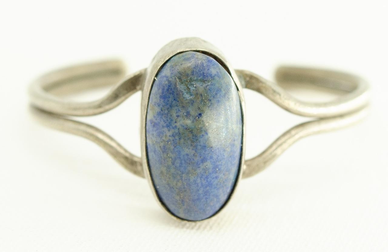 Vintage Sodalite Blue Stone Silver Tone Artisan Cuff Bracelet 23.29g