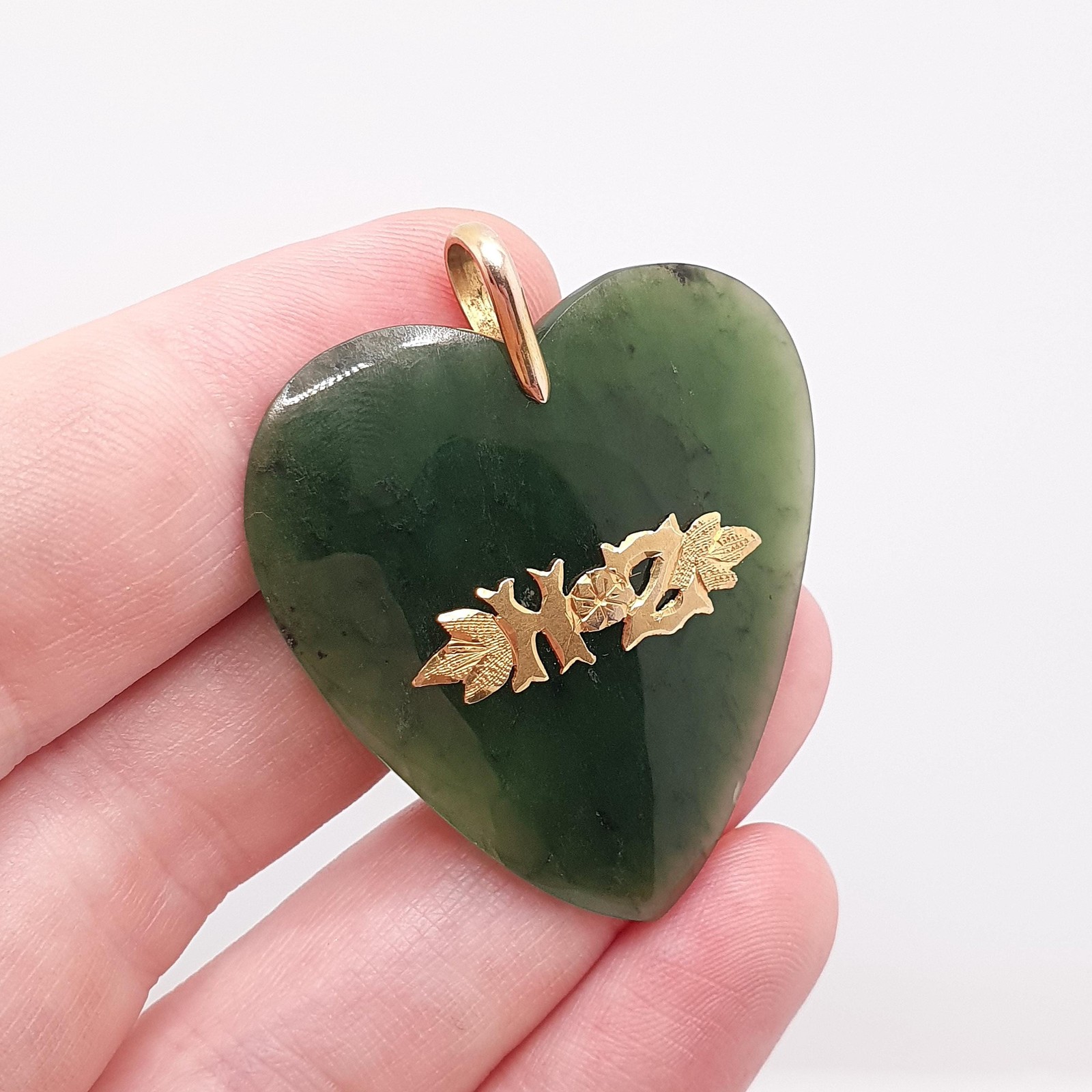 Antique 9ct Gold New Zealand Jade Heart Pendant Necklace NZ Victorian Maori