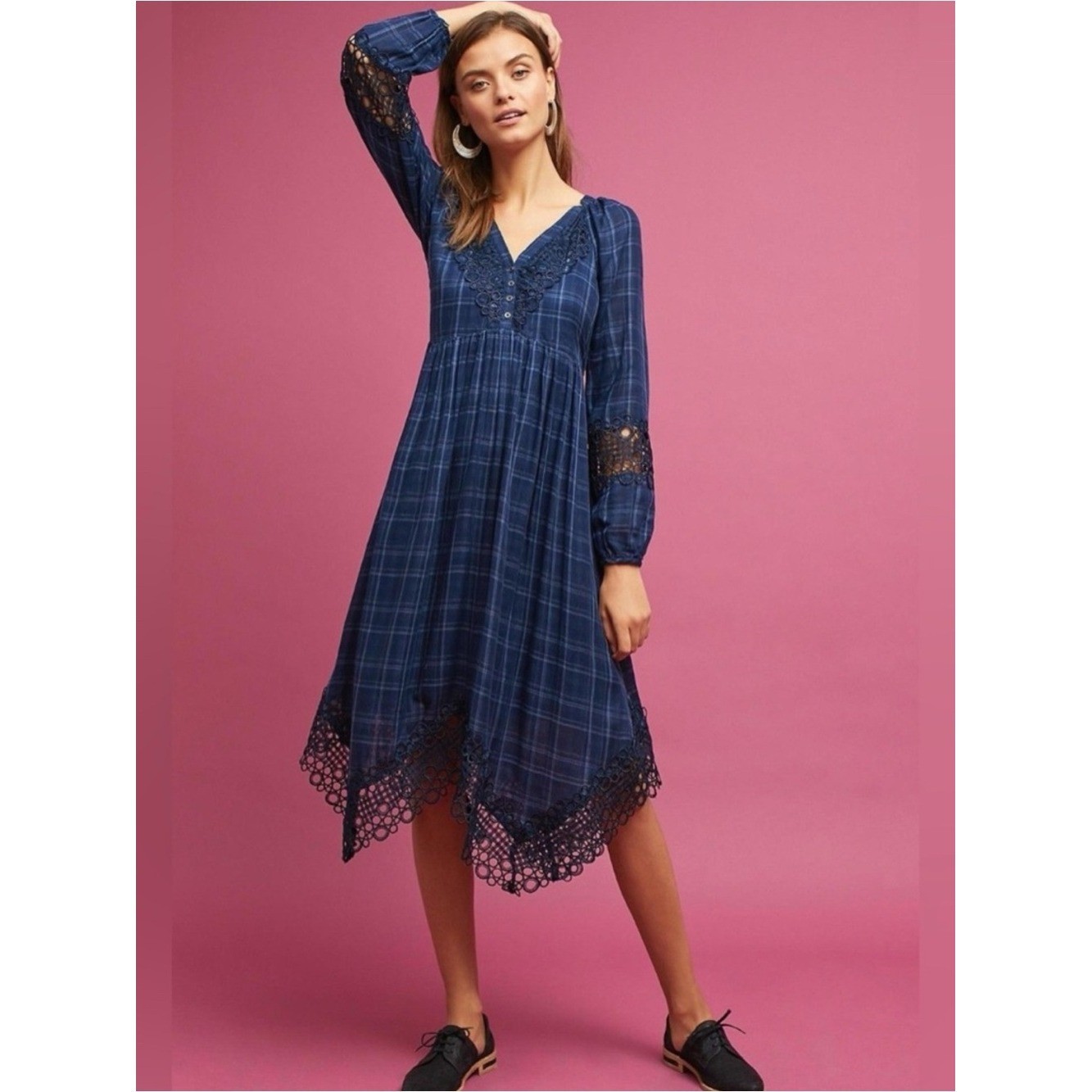 Anthropologie Akemi + Kin prairie Cottagecore Plaid Lace-Trim V-Neck Midi Dress