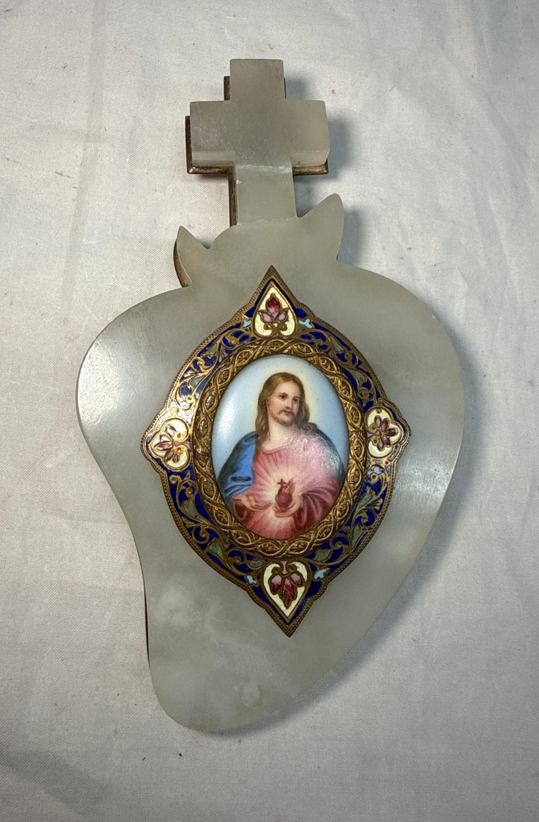 Rare antique 1800\'s French jade bronze enamel champleve mini Jesus painting art