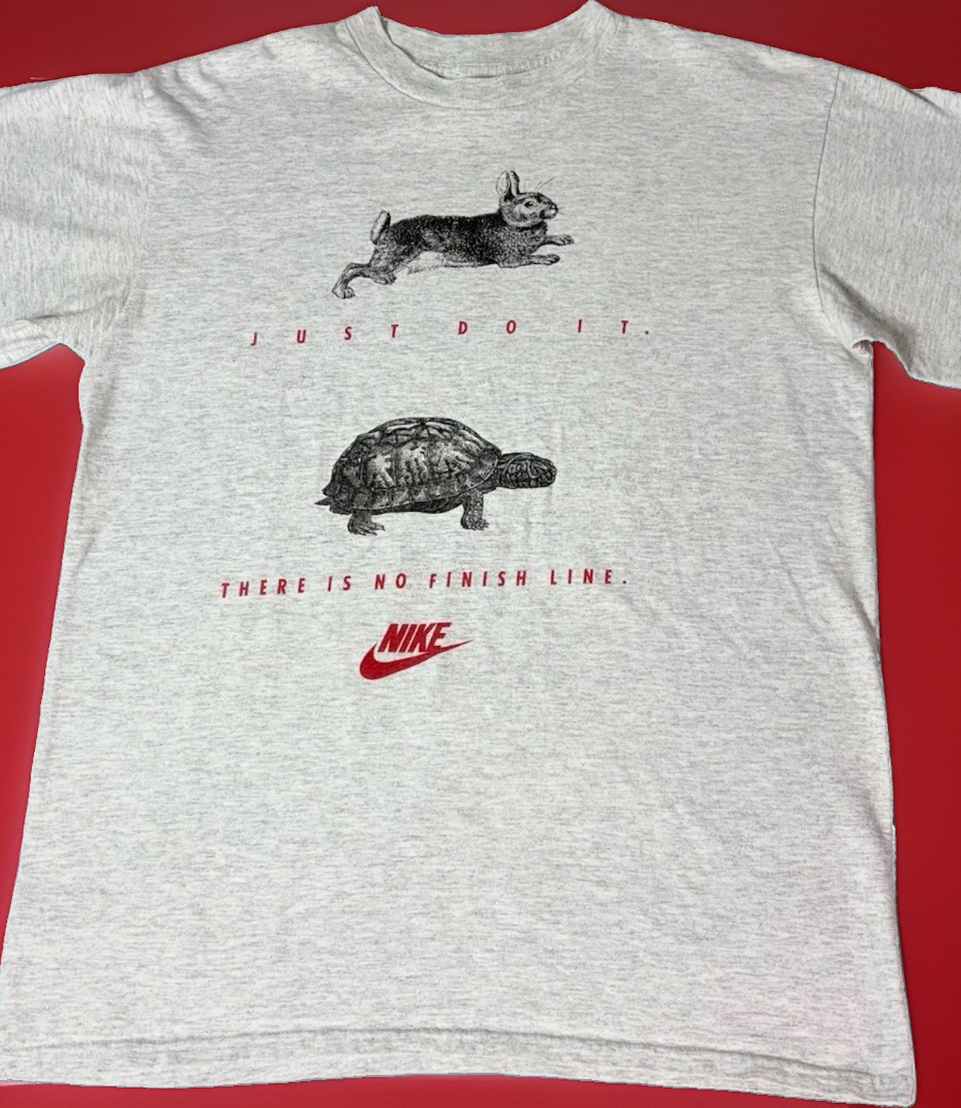 Vtg 90s Nike There Is No Finish Line T-shirt Size L Gray Tortoise & The Hare