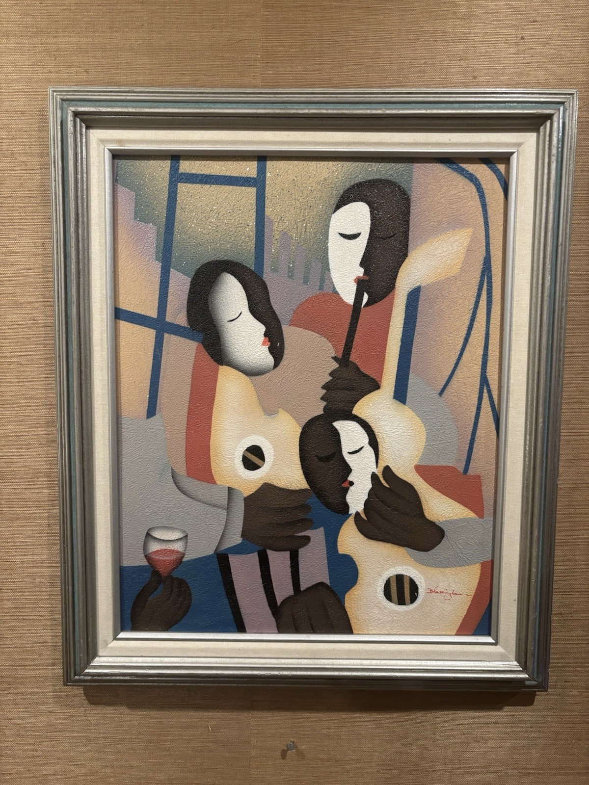 VTG FRED BLASSINGHAM FRAMED ACRYLIC ART DECO STYLE AFRICAN AMERICAN JAZZ GROUP
