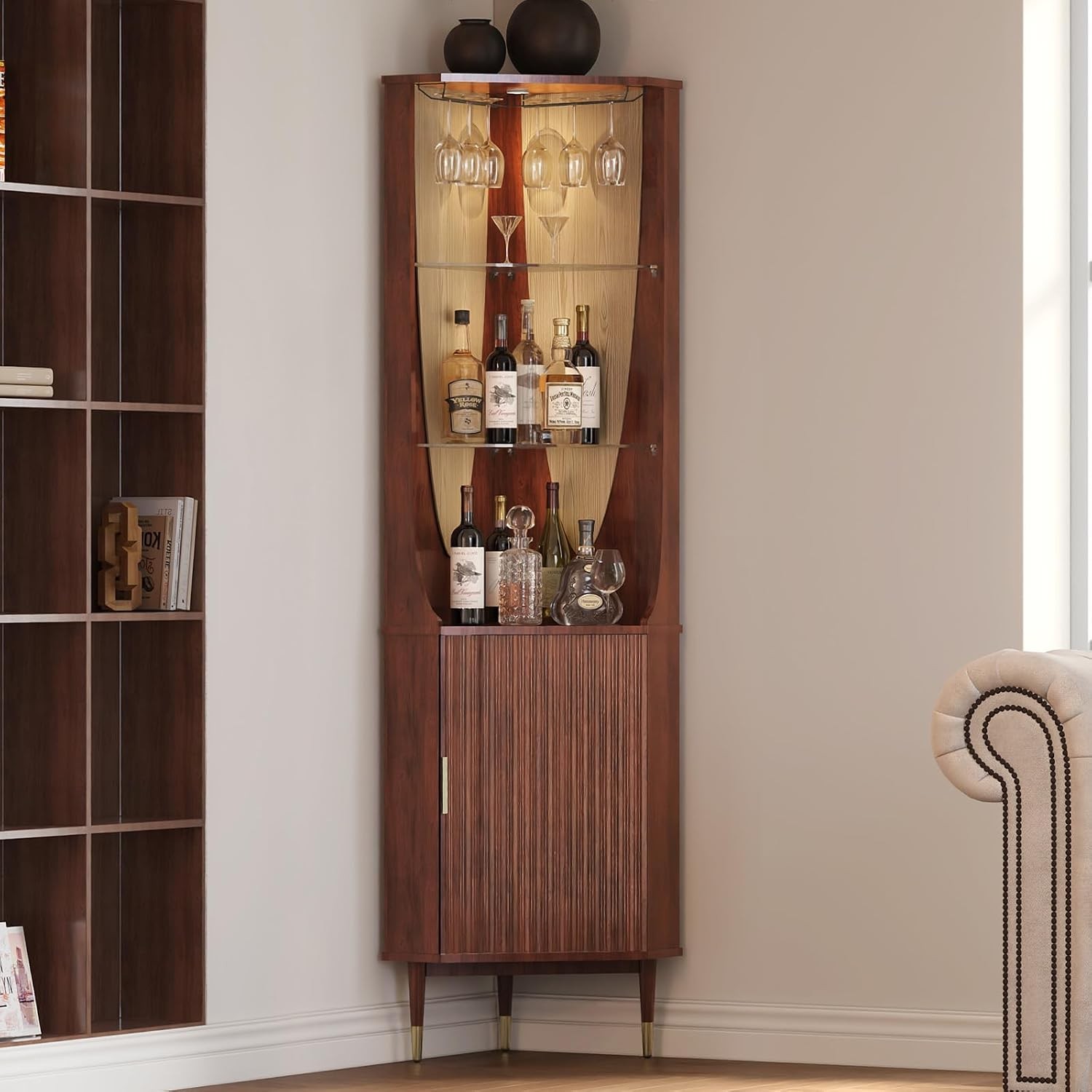 Tall Corner Bar Cabinet for Liquor Mid-Century Modern Walnut 70\