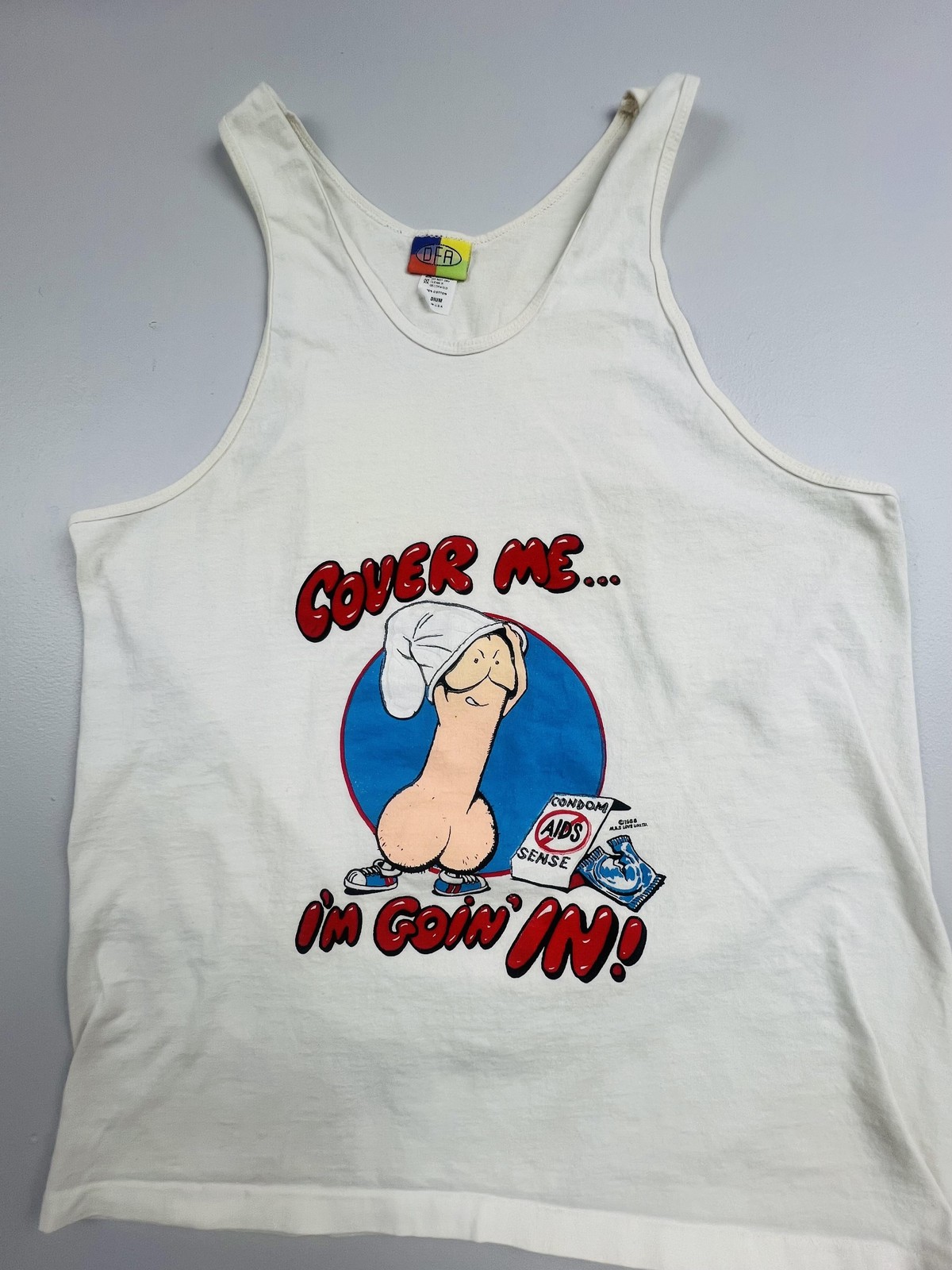 Vintage OFA Tank Shirt Mens Medium White Adult Safe Sex AIDS Graphic 1988 USA
