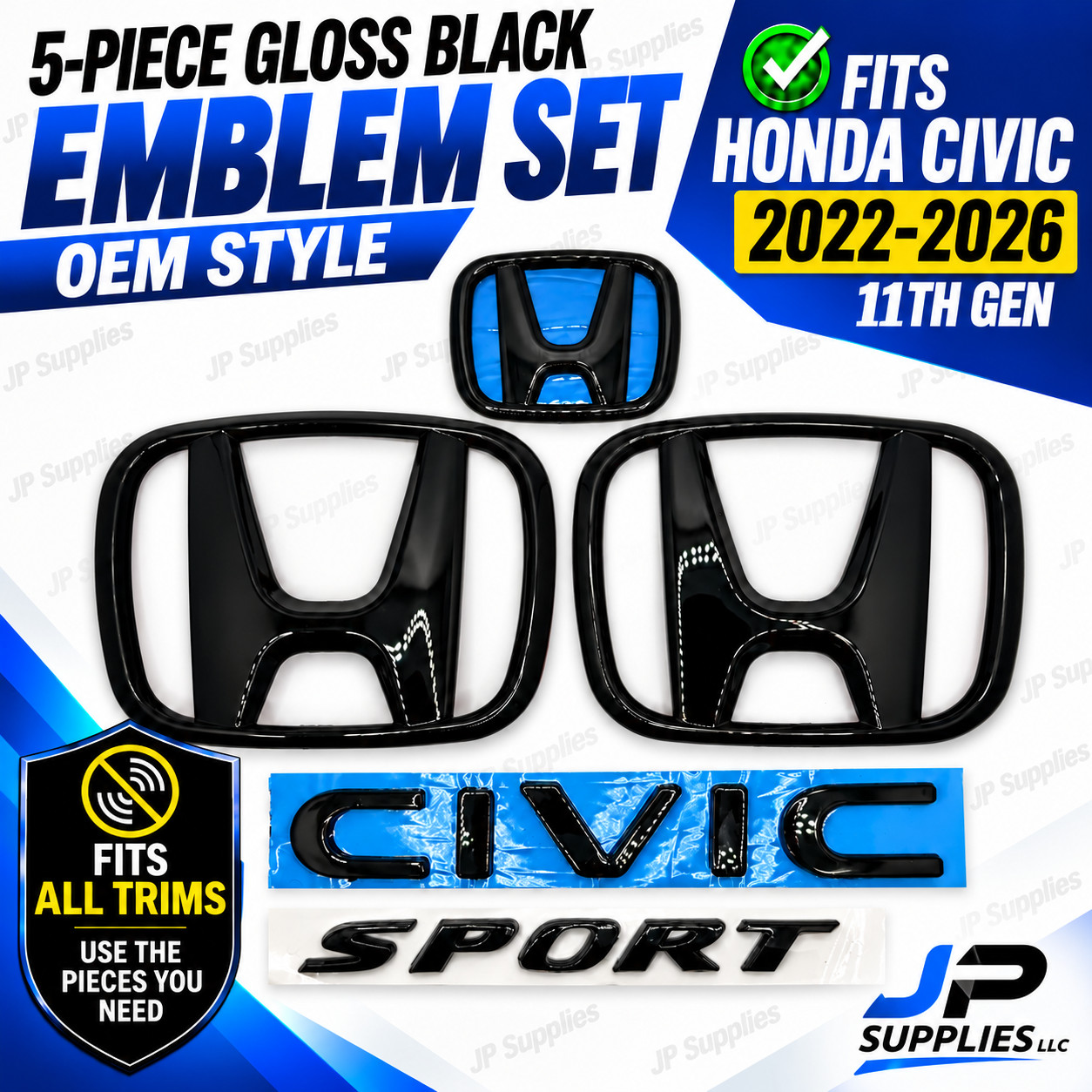 5PCS For 2022-2026 Honda Civic 11th Gen Gloss Black Emblem Set