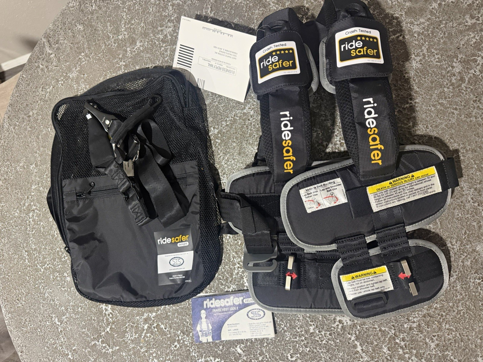 RideSafer Delight Travel Vest Gen 5 Large Black/Gray w/ Bag MPN JD14201XXX