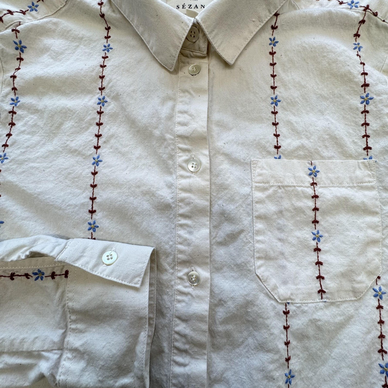 SÉZANE Button-Up Womens 36 White Linen Embroidered Striped Pocket Relaxed