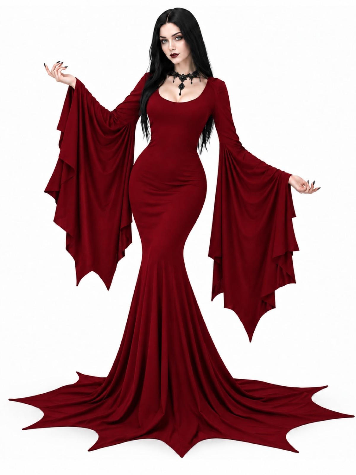 YEAXLUD Womens Morticia Addams Halloween Costume Gothic Long Bat Sleeve Witch YEAXLUD Womens Morticia Addams Halloween Costume Gothic Long Bat Sleeve Witch