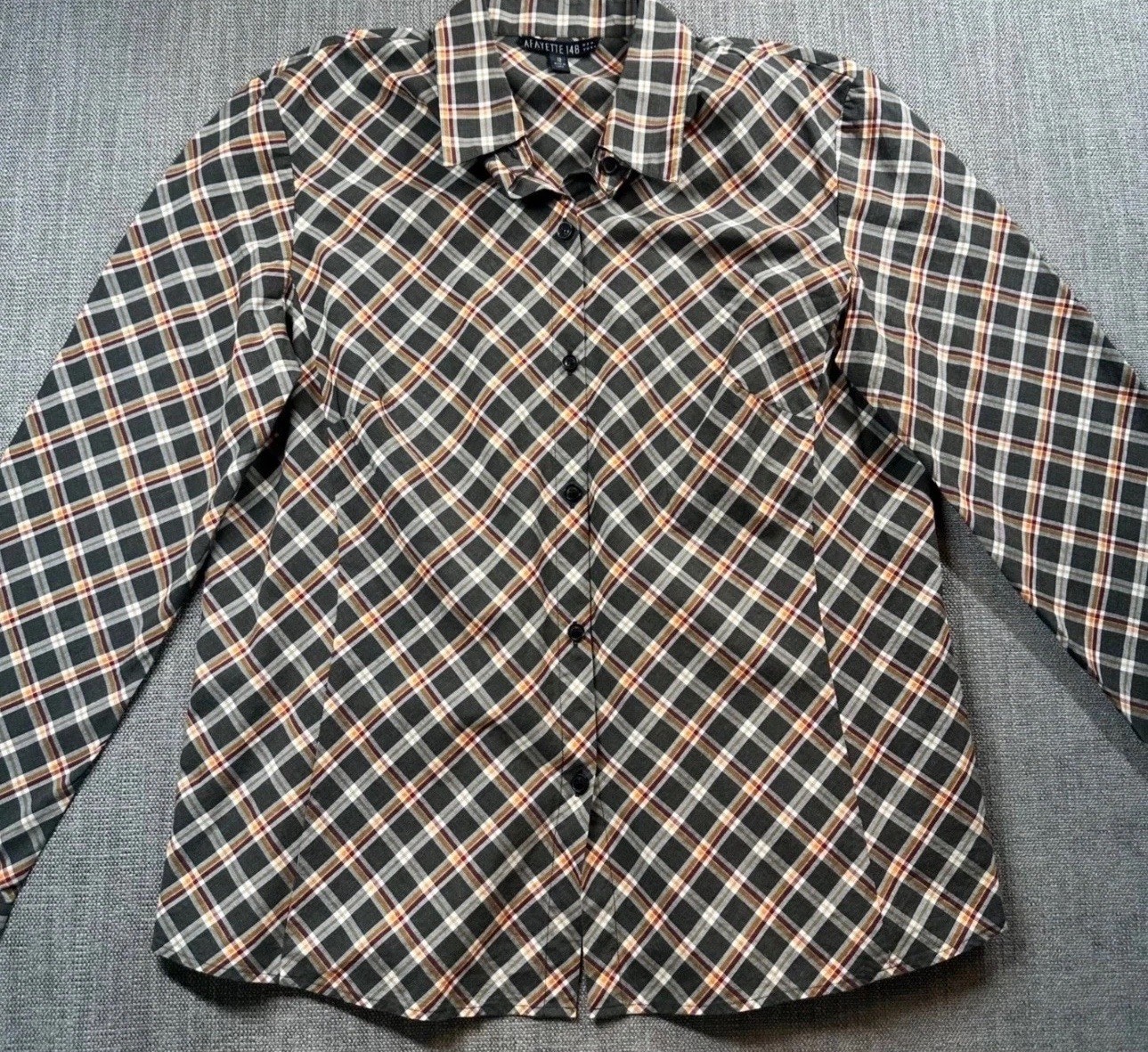 Lafayette 148 New York Button Down Women 12 Grey Plaid Long Sleeve Shirt