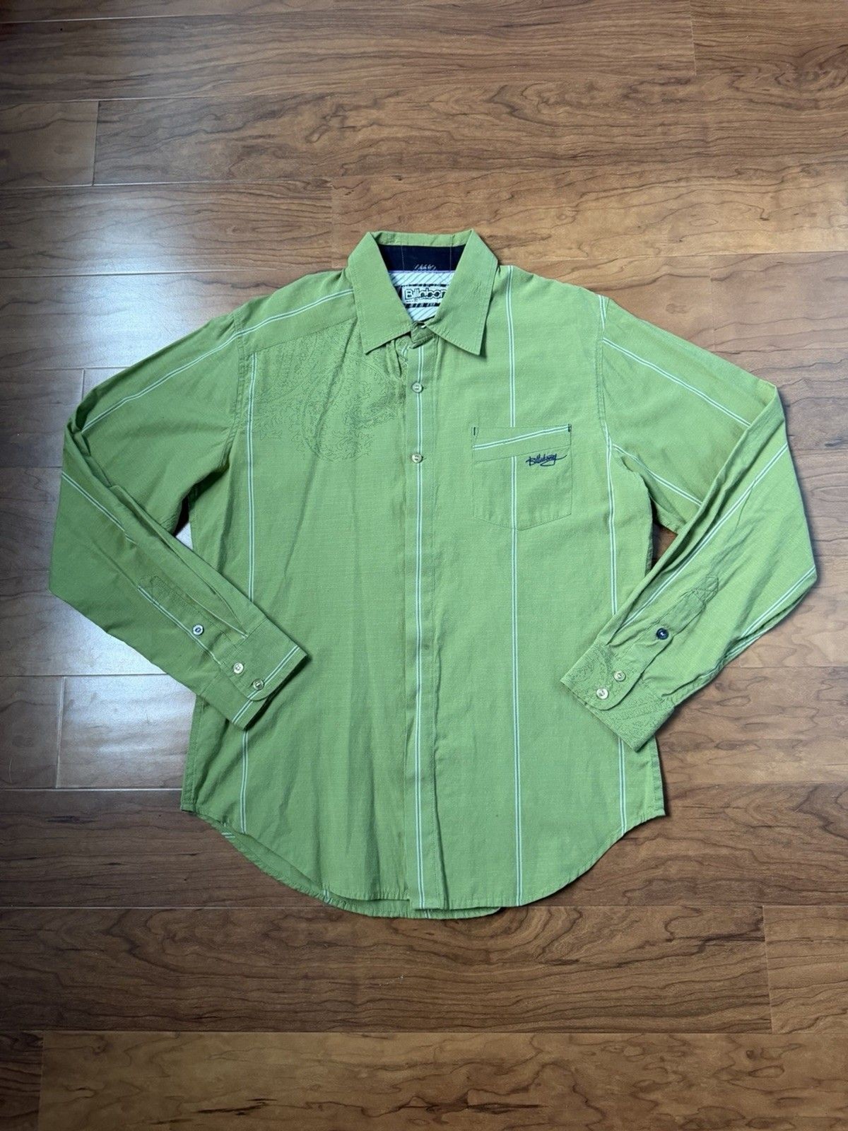 Vintage Y2K Billabong Slim Fit Mens M Green Striped Button Up Surf Skate Shirt