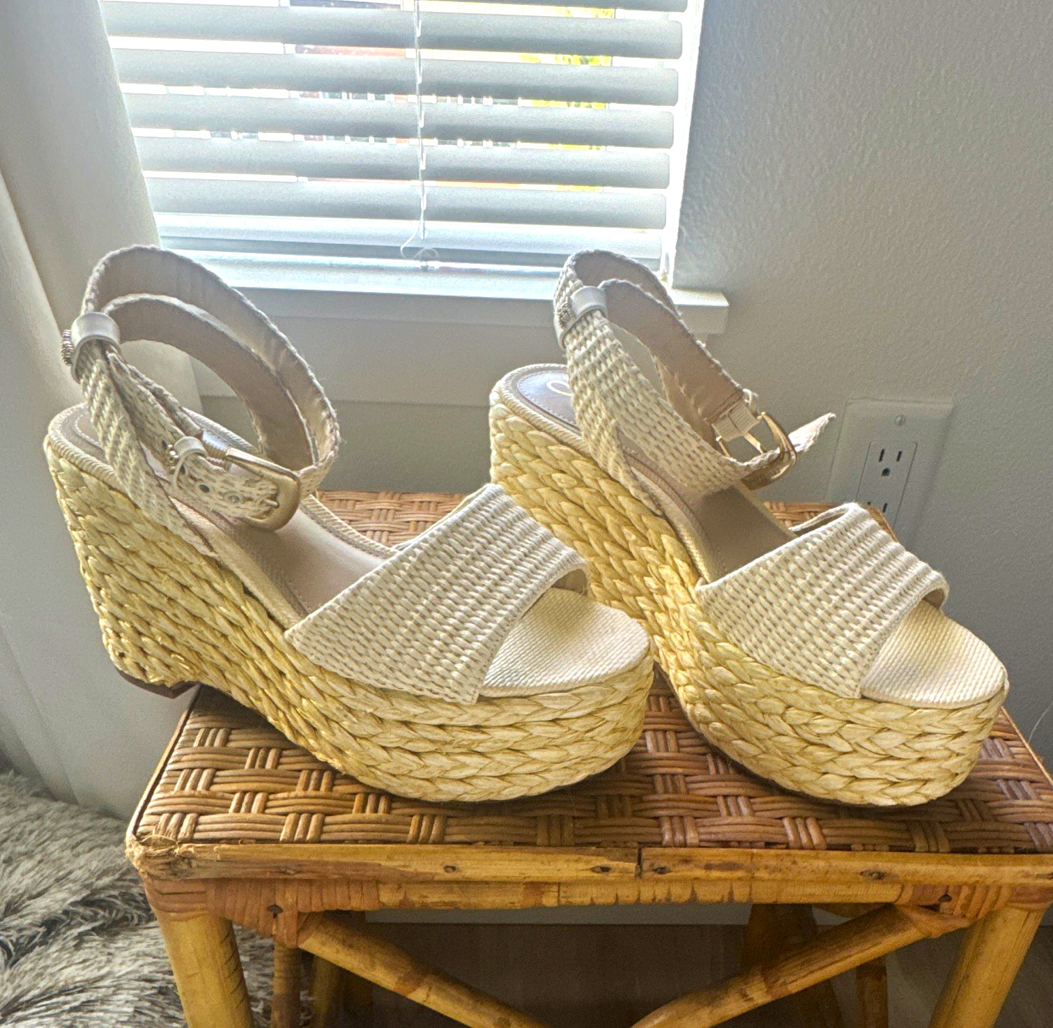 Sam Edelman Women\'s Beige Synthetic Espadrille Wedge Ankle Strap Sandal 8