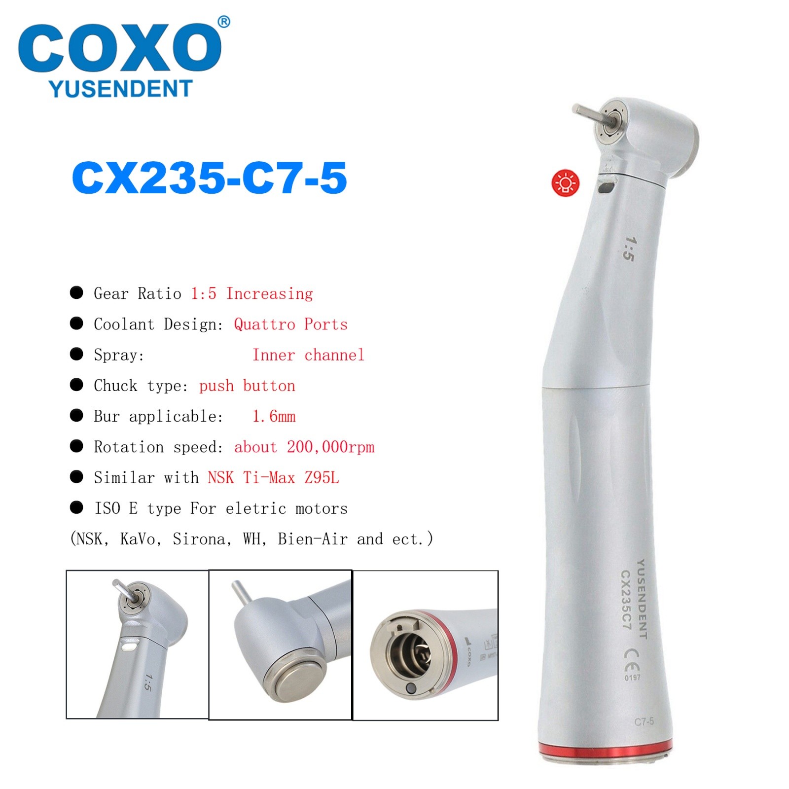 COXO CX235-C7-5 1:5 Increasing Dental Contra Angle Handpiece Fiber Optic