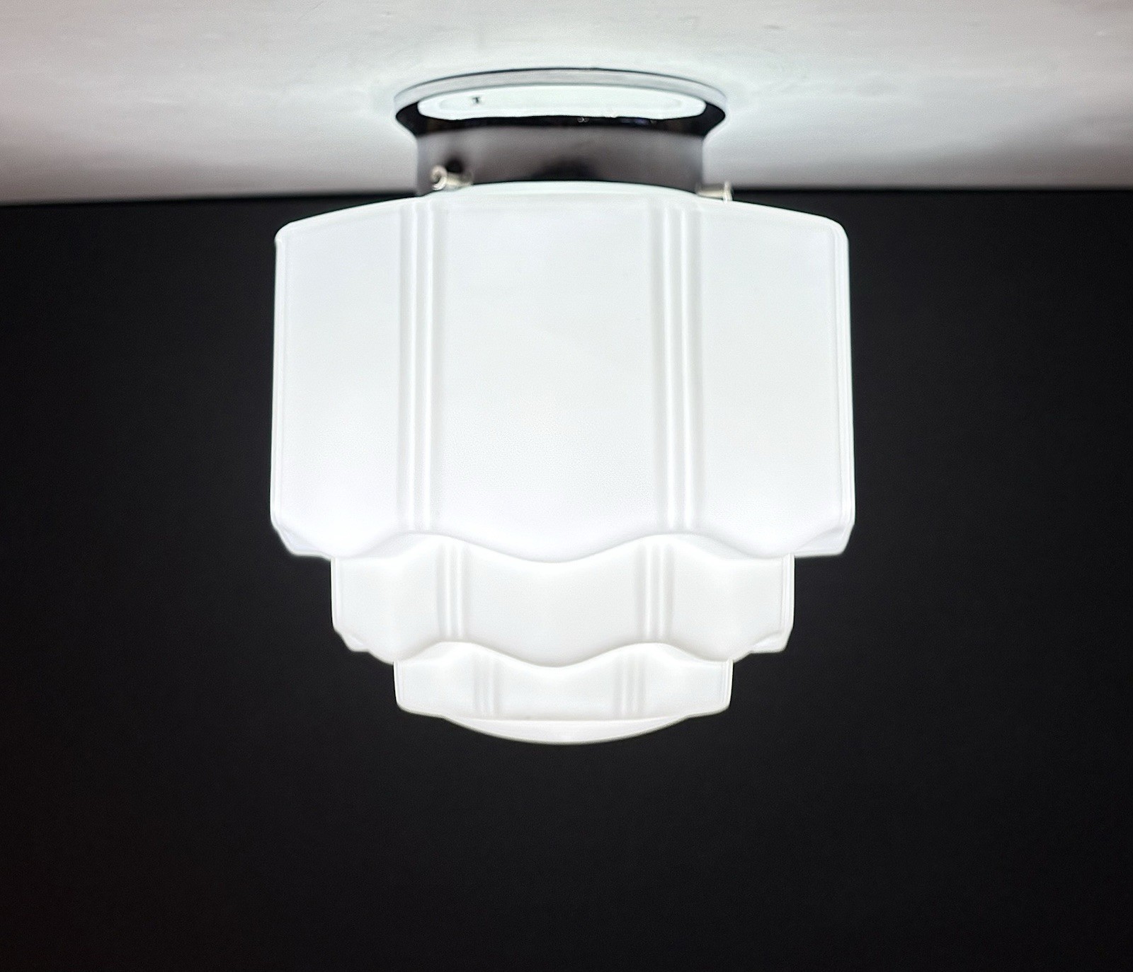Antique 1920s 1930s Art Deco Nouveau Gatsby White Chrome Ceiling Light Fixture