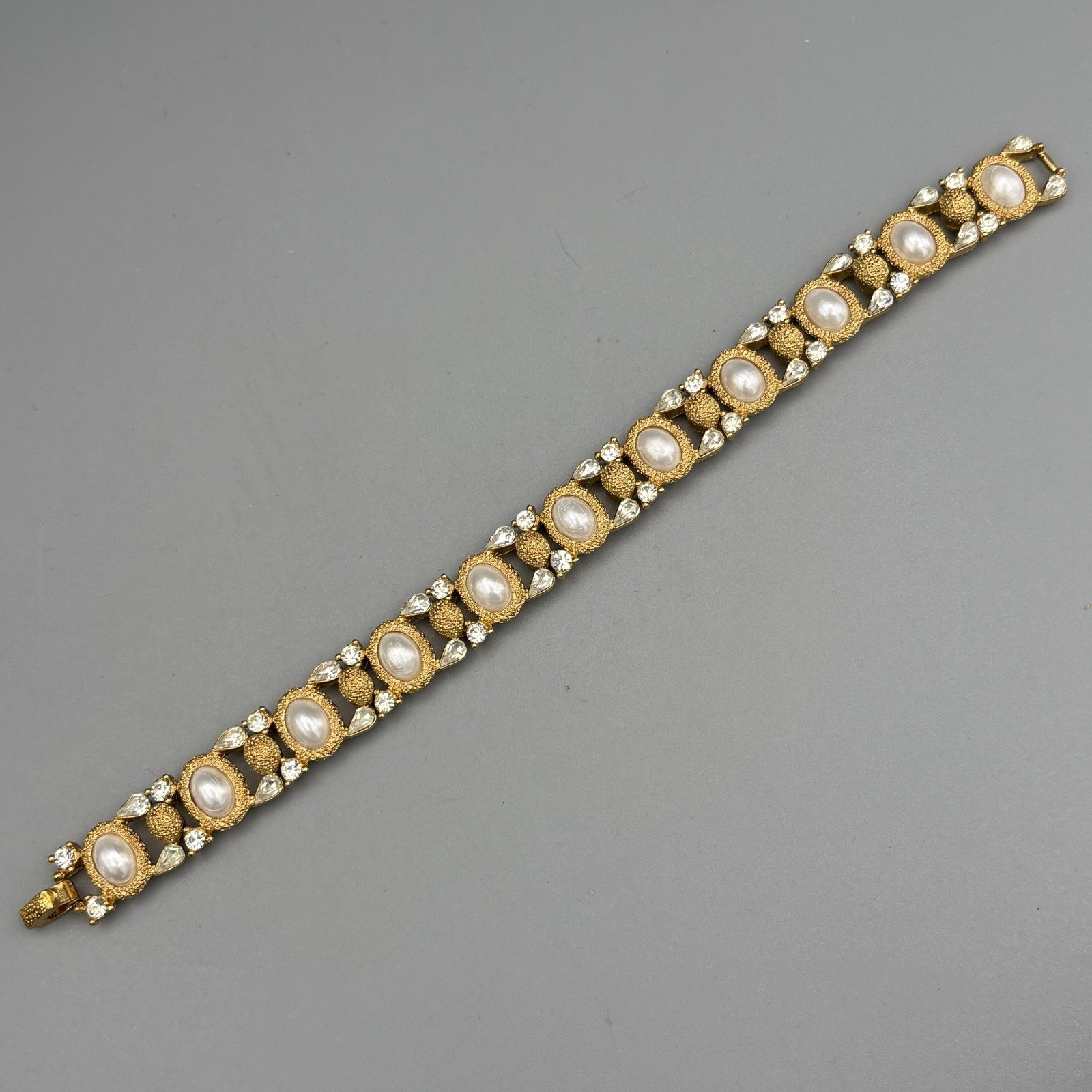 Vintage Trifari Bracelet Gold Tone Faux Pearl Rhinestones Textured MCM